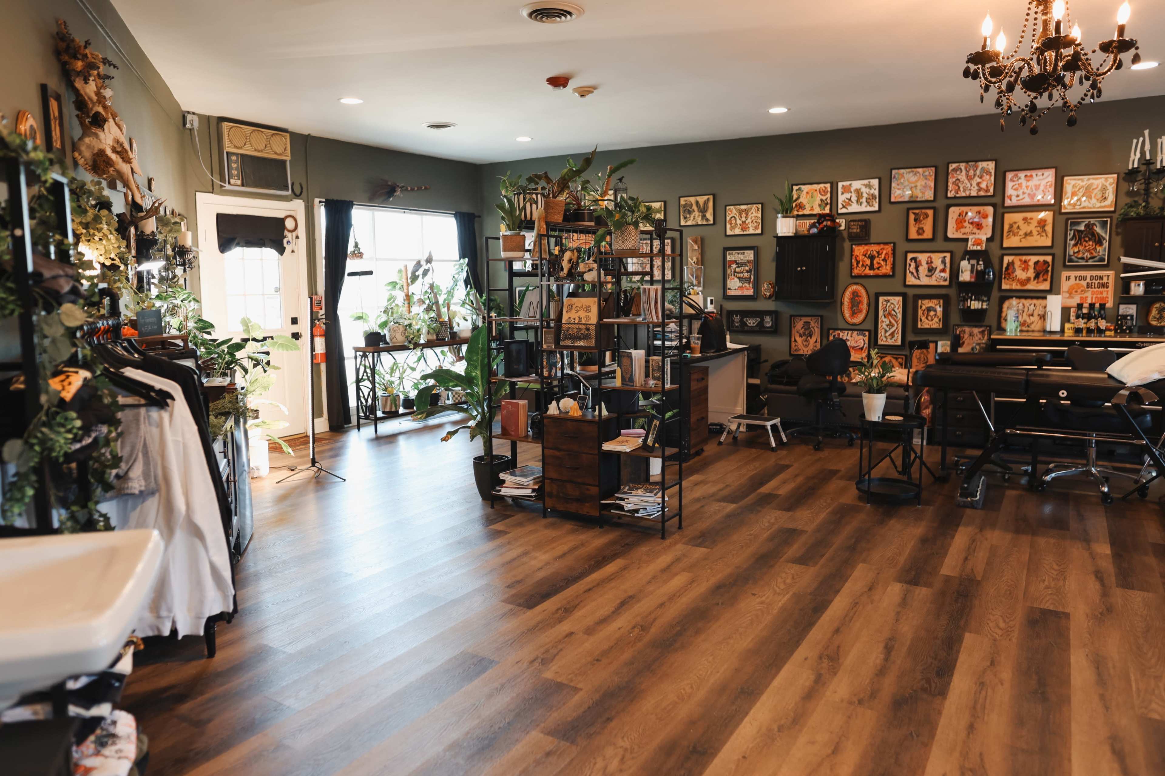 The image shows a tattoo studio with wooden flooring, shelves displaying plants and books, framed artwork on the walls, and tattooing equipment in various corners.