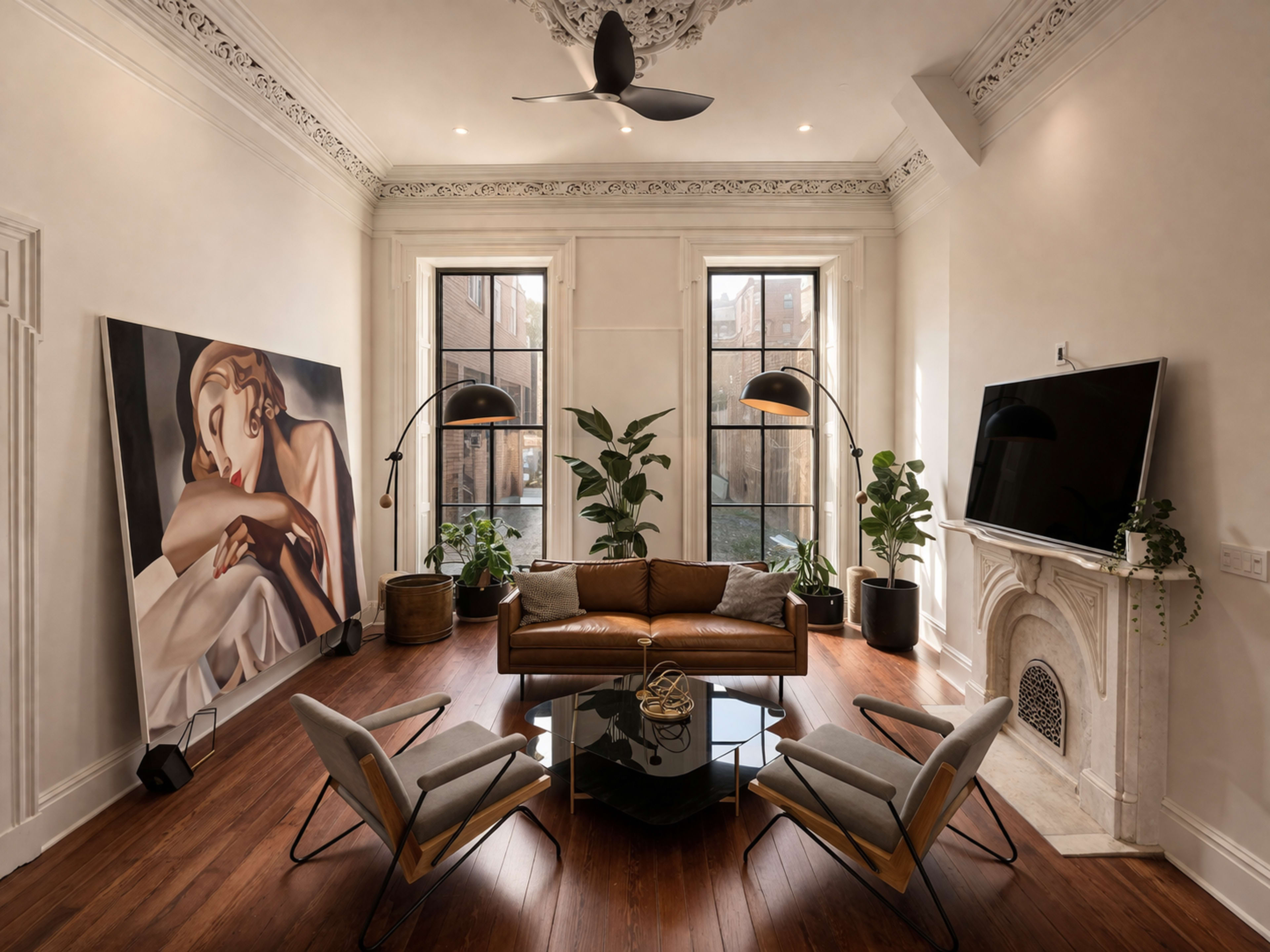 The image shows a modern living room featuring a brown leather sofa, sleek armchairs, a large artwork on the wall, and greenery, complemented by a TV mounted above a decorative fireplace.