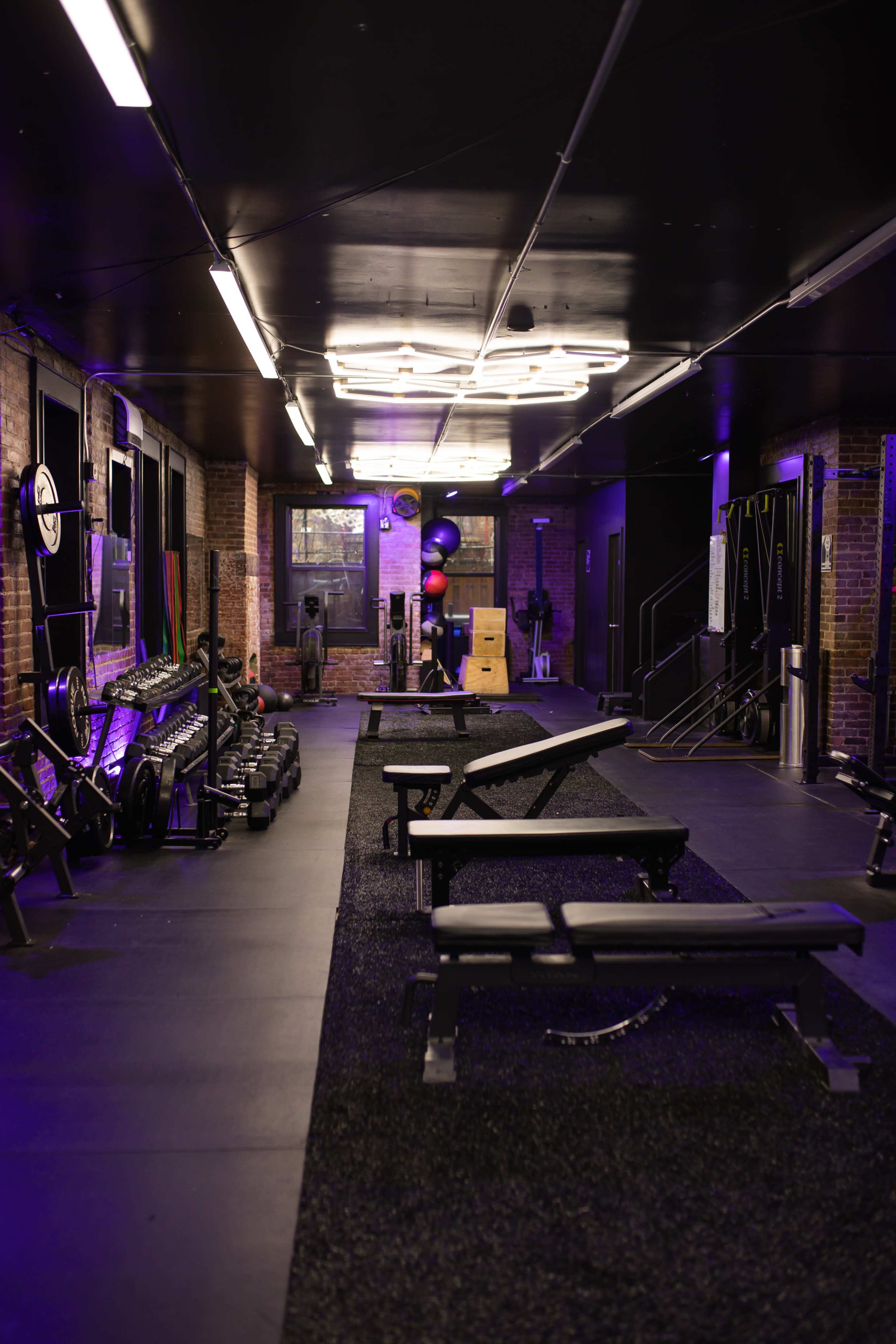 The image shows a gym interior with workout benches, exercise equipment, and ambient purple lighting.