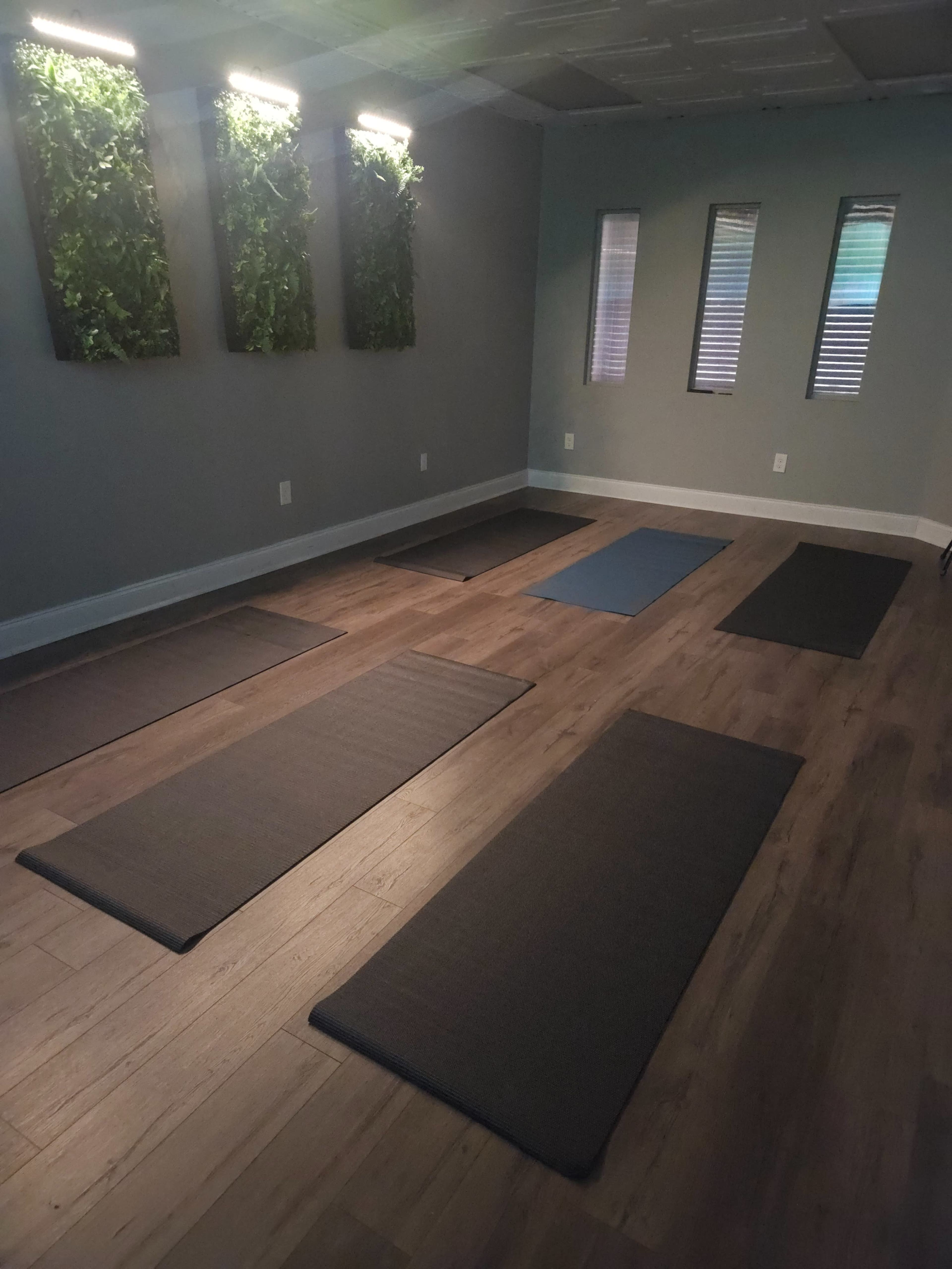 The image shows a dimly lit yoga studio with several yoga mats arranged on a wooden floor and green wall art in the background.