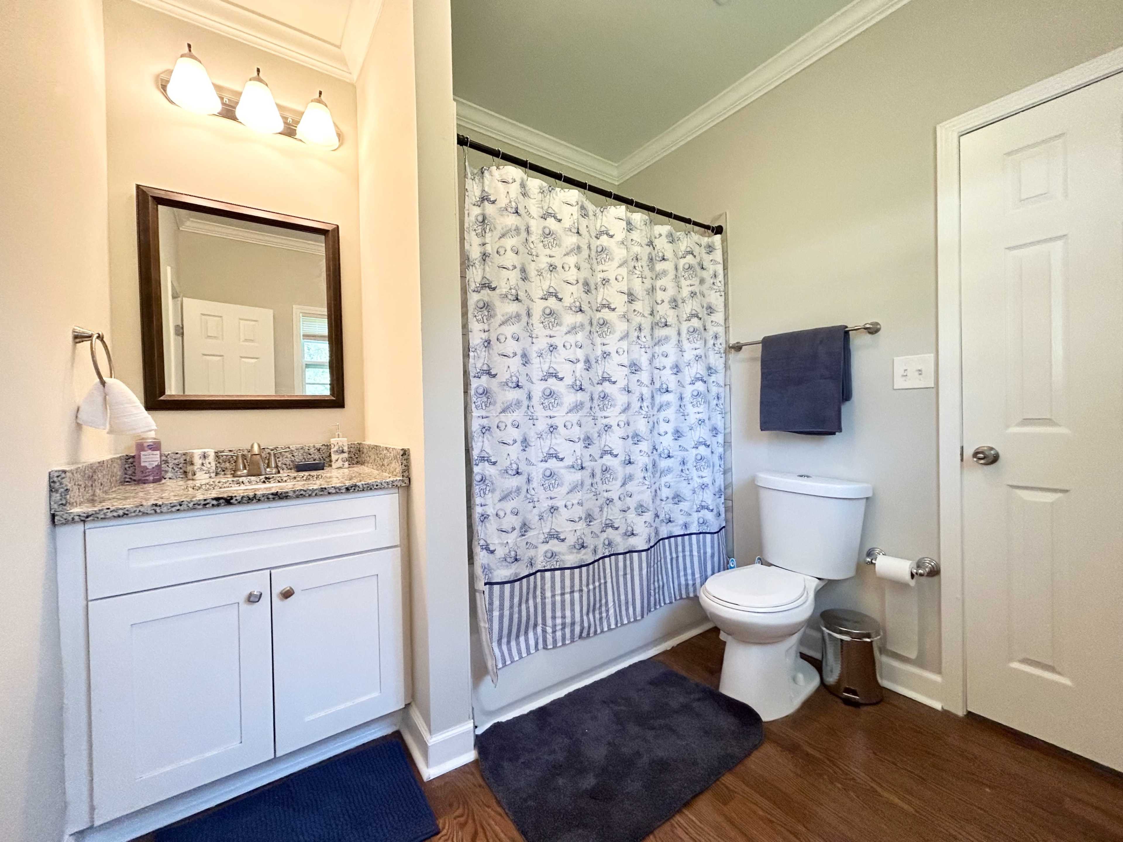 The image shows a bathroom featuring a granite countertop vanity with a mirror, a shower curtain with a blue floral pattern, a toilet, and a door leading to another room.