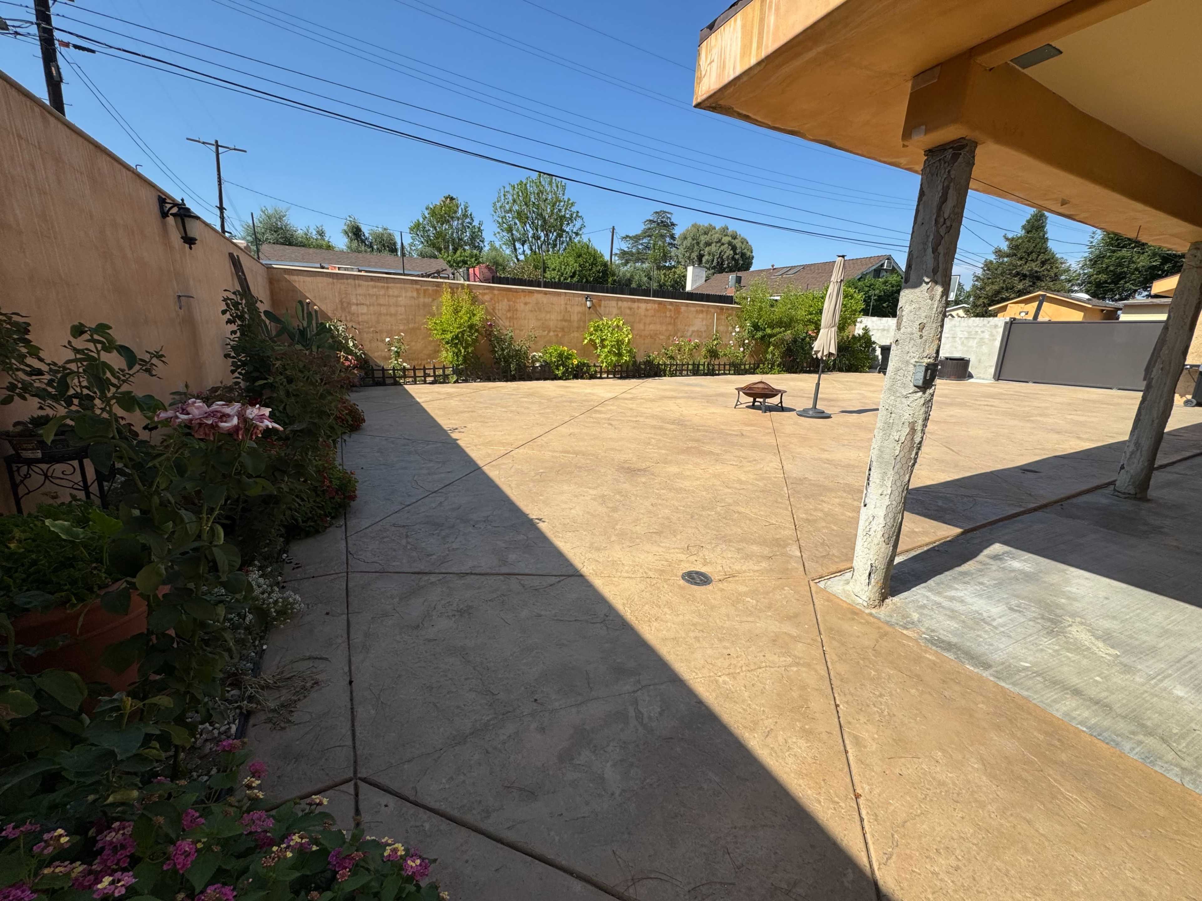 The image shows a spacious outdoor area with a concrete floor, bordered by green plants and trees, under a clear blue sky.