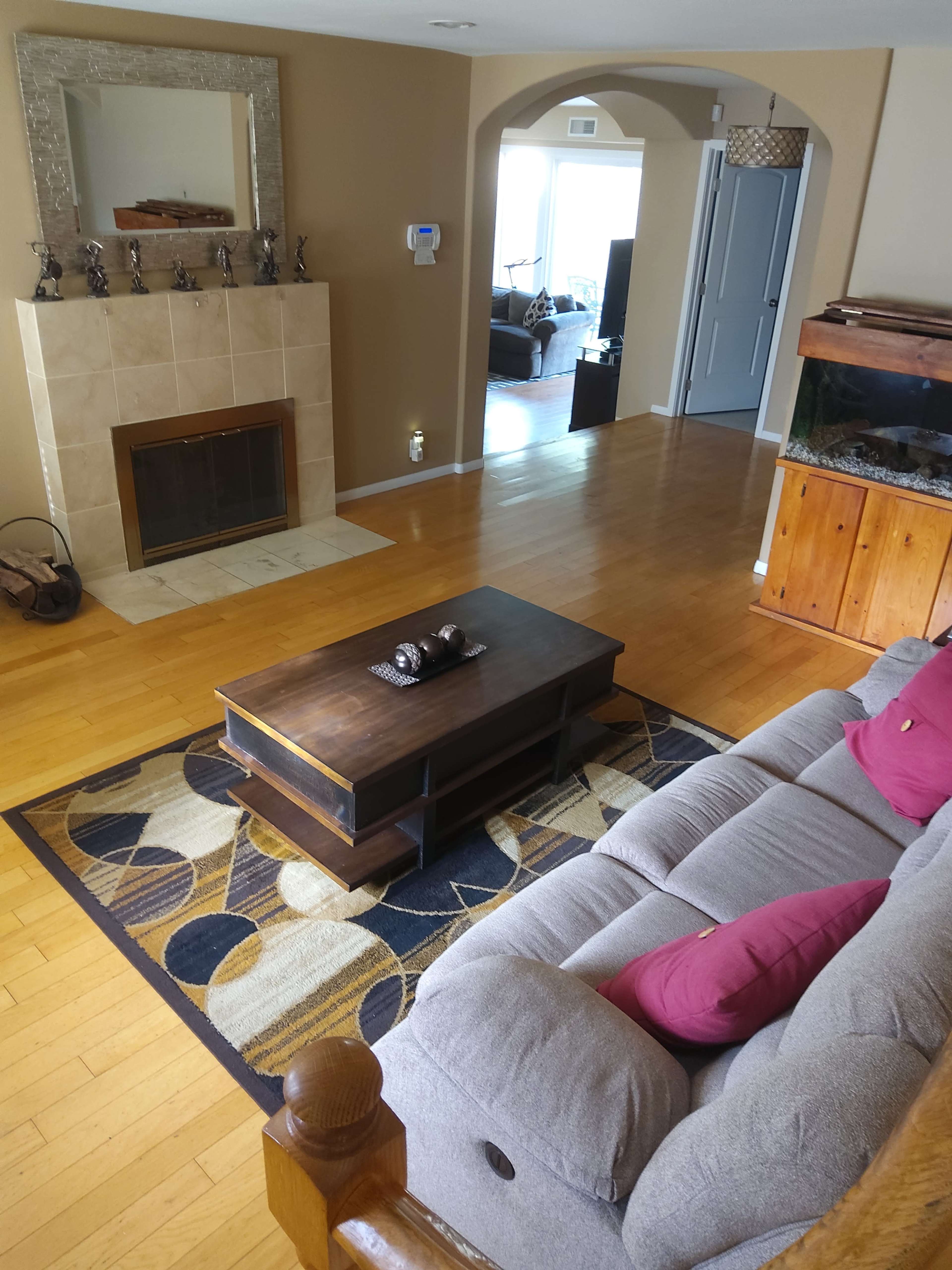 A living room with a gray sofa, a coffee table at the center, a decorative rug, a fireplace, and an aquarium in the corner, leading to a doorway into another room.