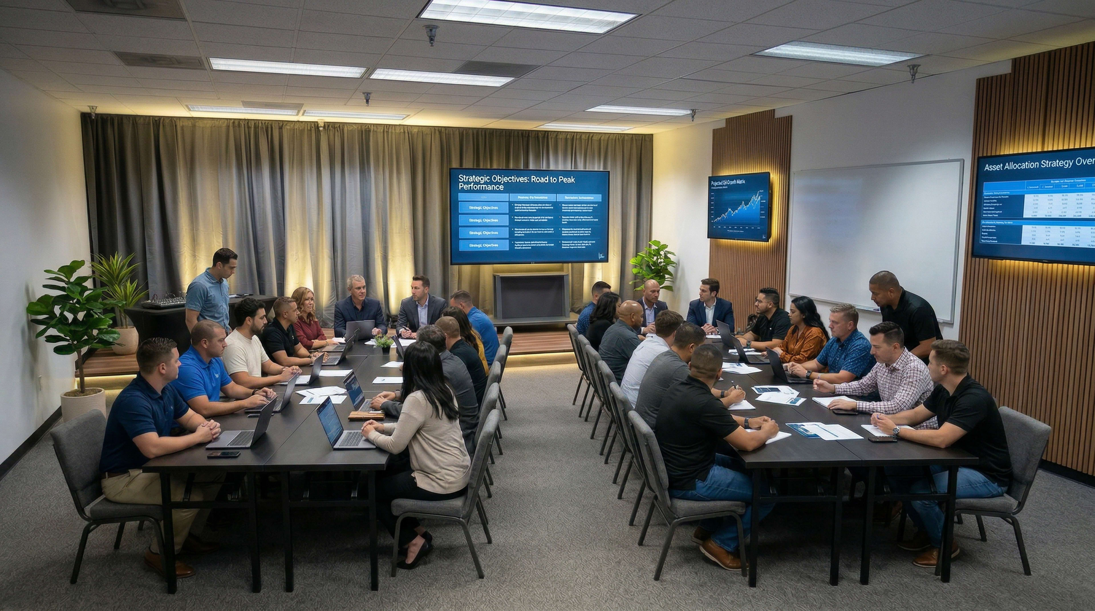 A large group of people is sitting around a conference table in a modern meeting room with screens displaying data and strategies on the walls.