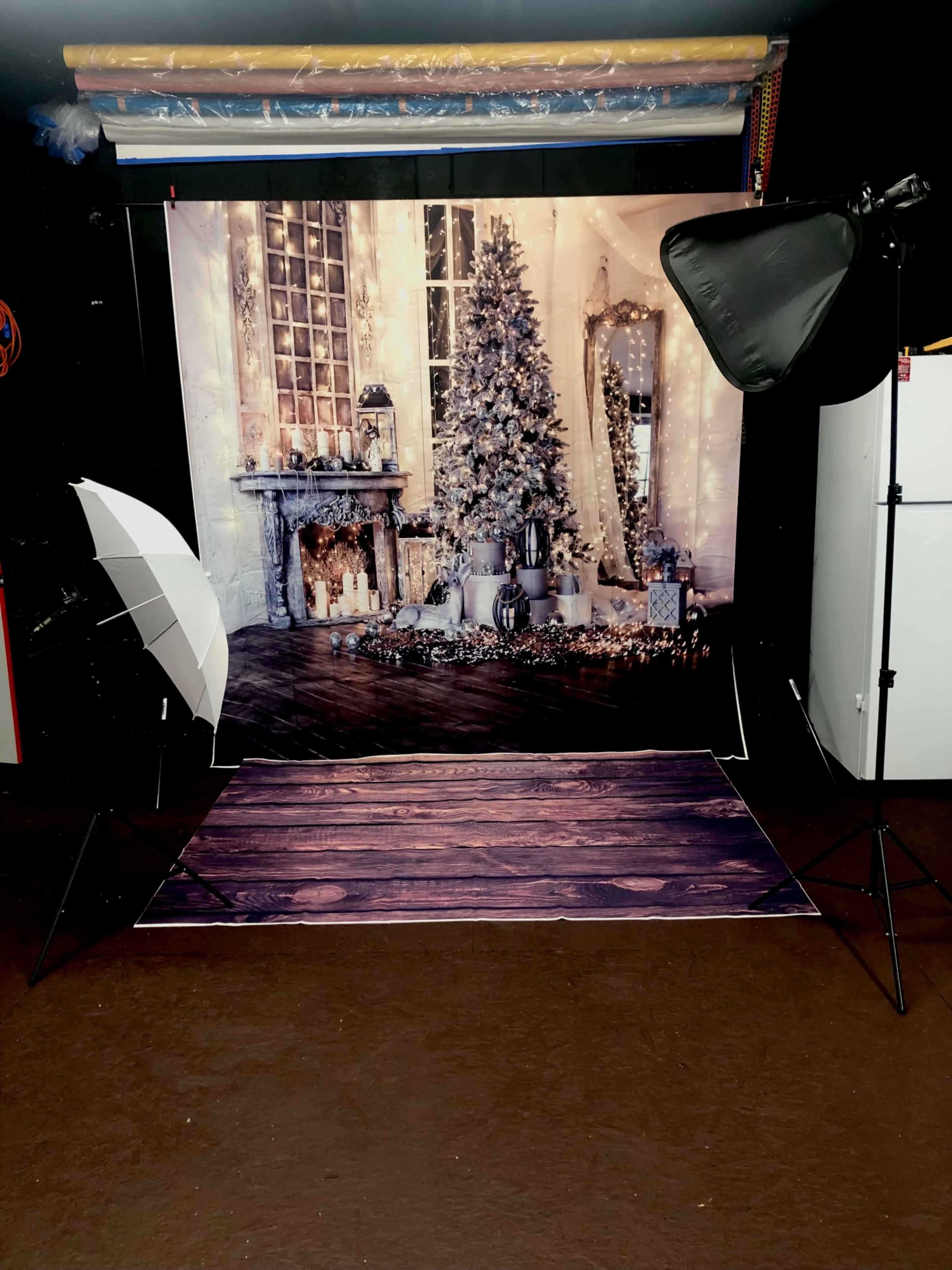 A photography setup featuring a decorated backdrop of a cozy room with a Christmas tree, flanked by two softbox lights on either side.
