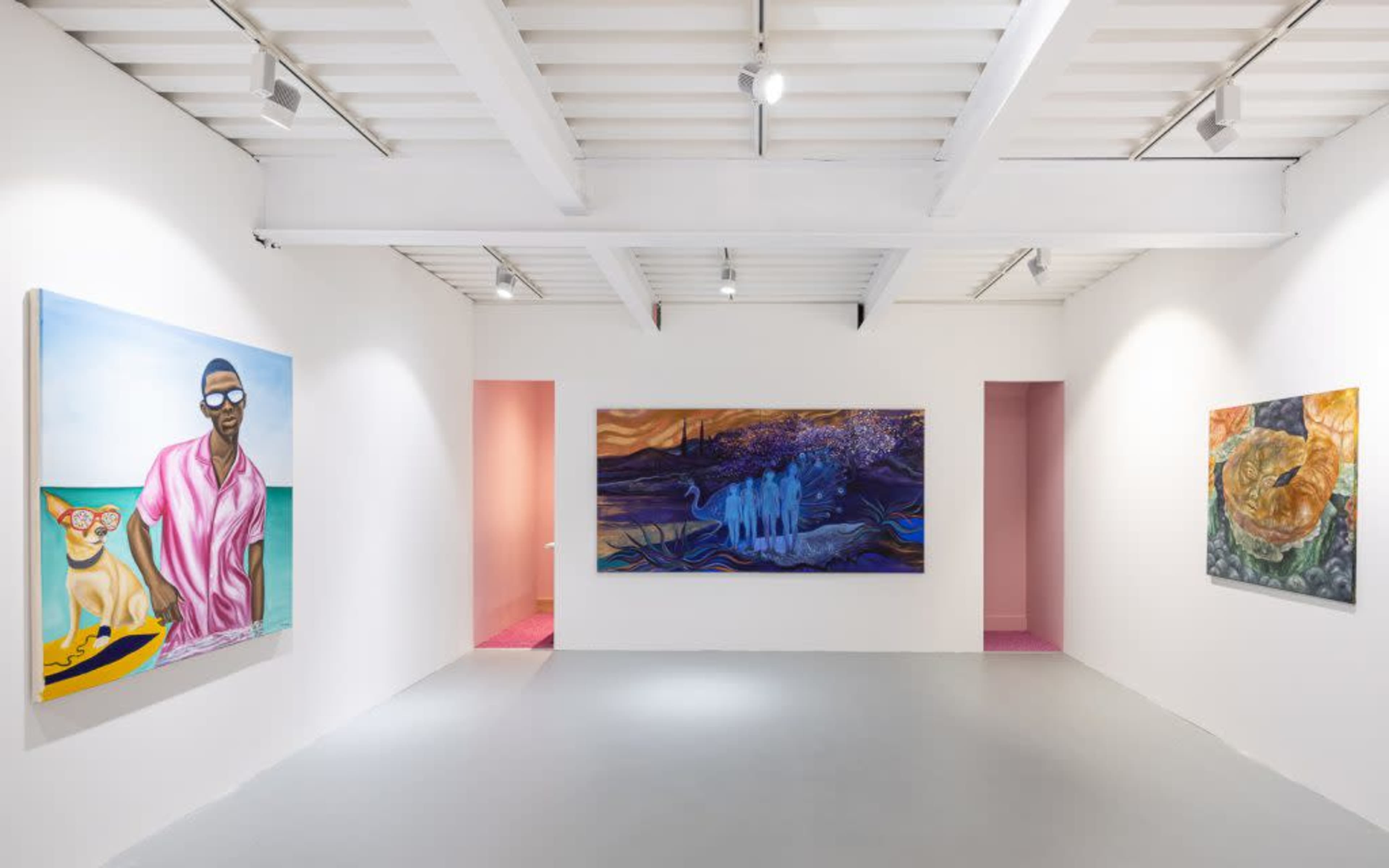 An art gallery interior featuring three colorful paintings on the walls and a light gray floor.