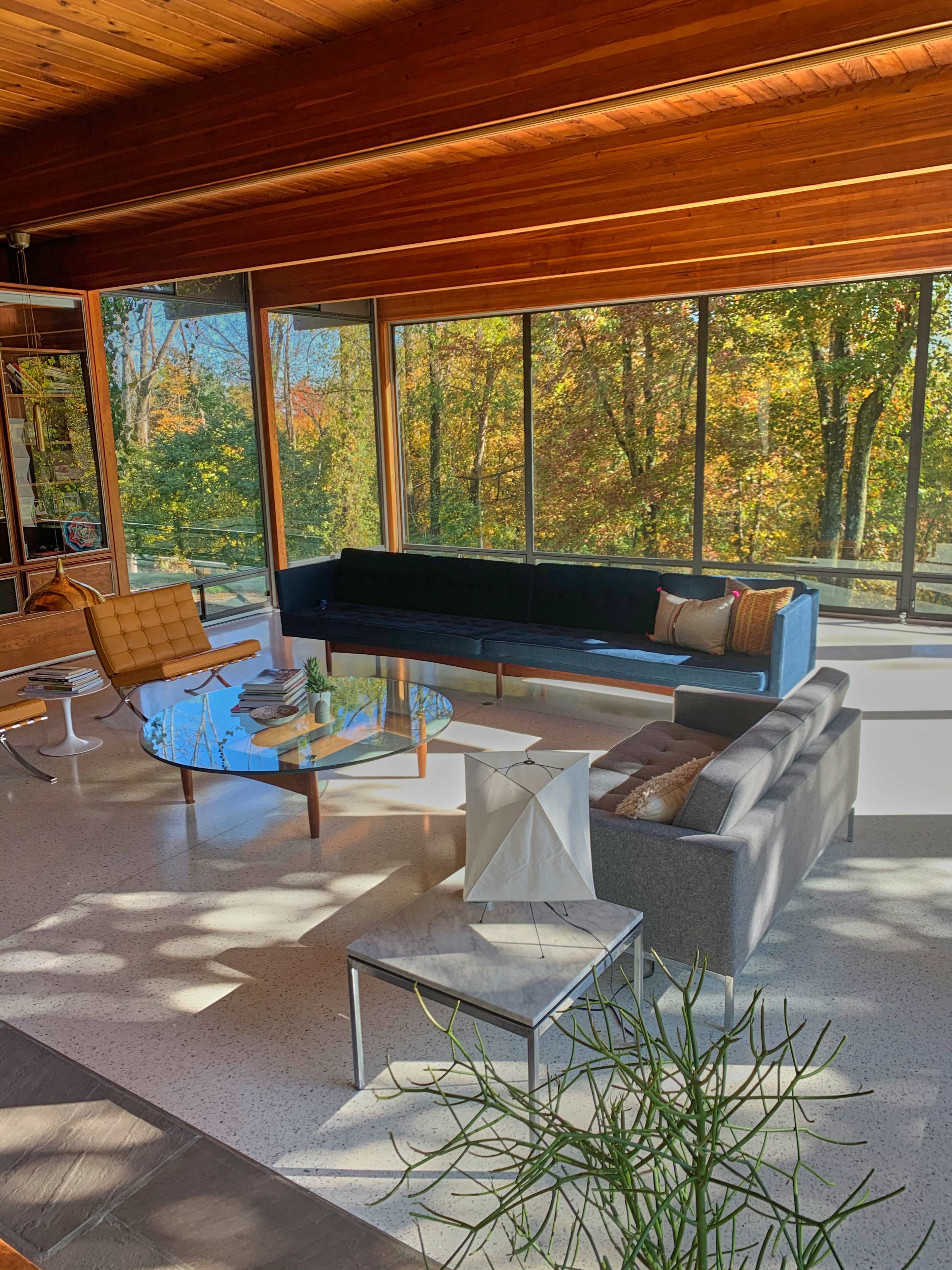 The image shows a modern living room with large windows offering views of trees outside, featuring a mix of contemporary furniture including a sectional sofa and a glass coffee table.