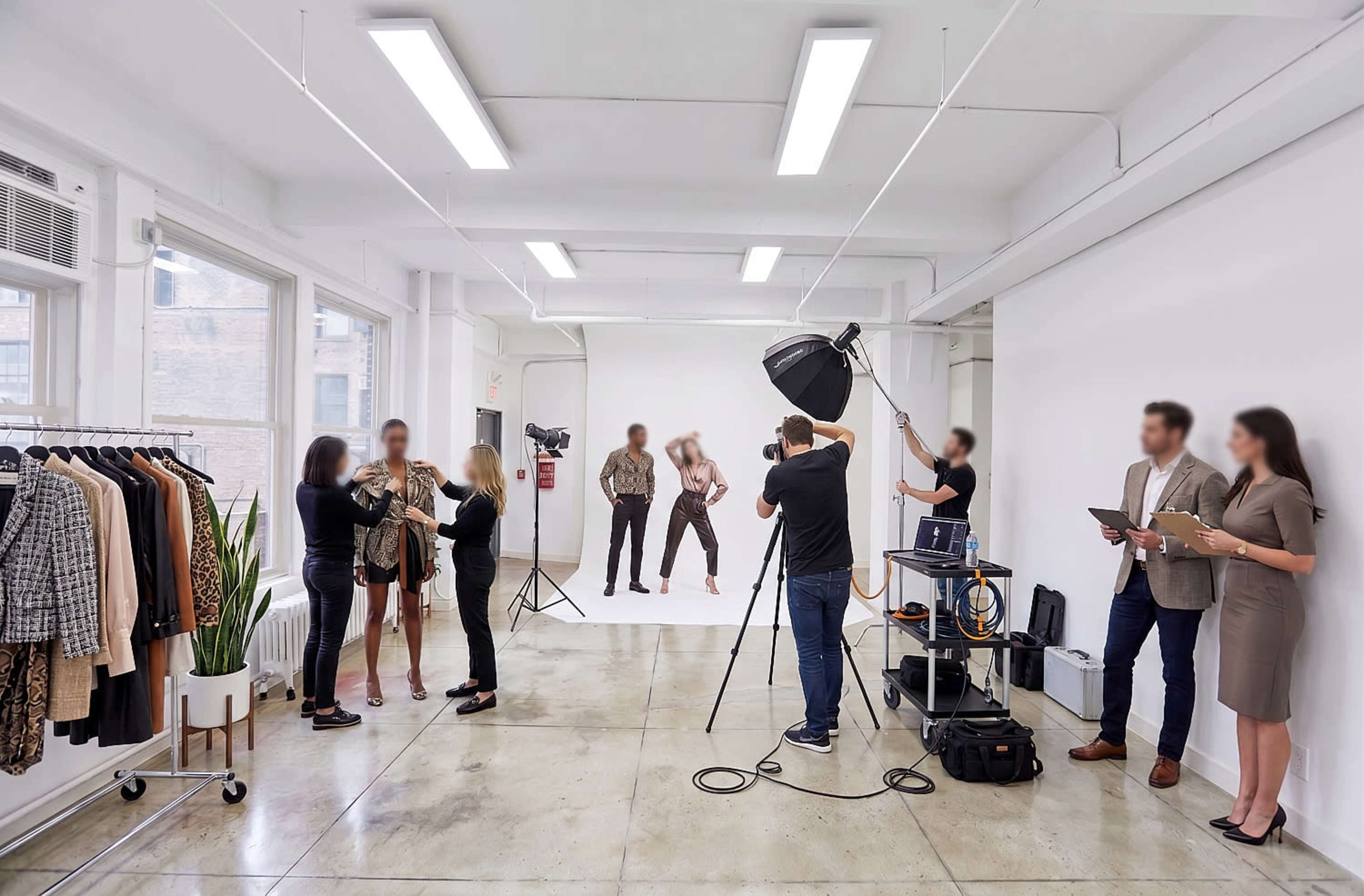 A fashion photo shoot takes place in a bright studio with models posing in front of a white backdrop while a team of photographers and assistants work around them.