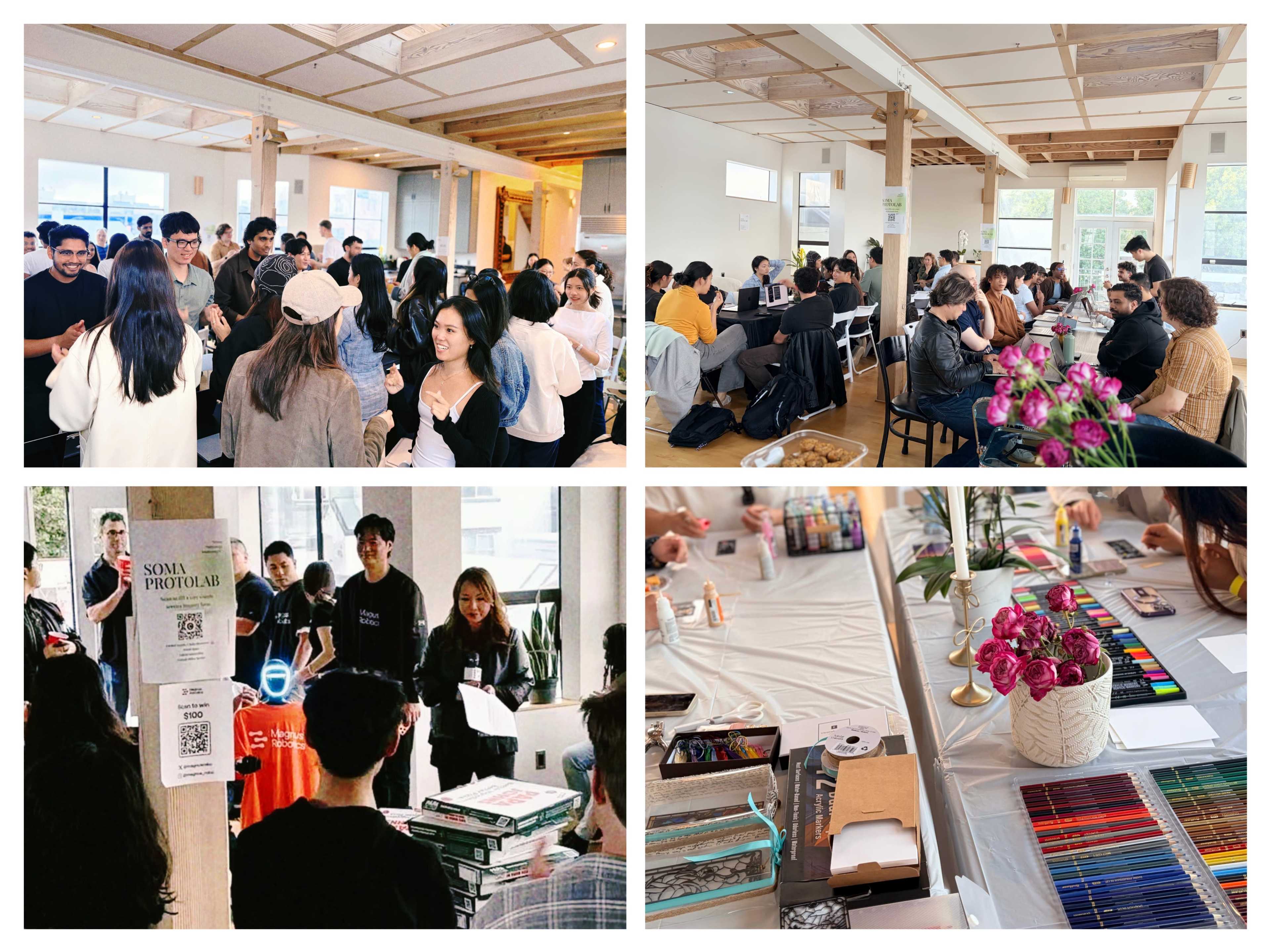 The image displays a collage of four scenes from a social event featuring groups of people engaging in conversations, attending workshops, and viewing art supplies and decorations in a well-lit, open space.