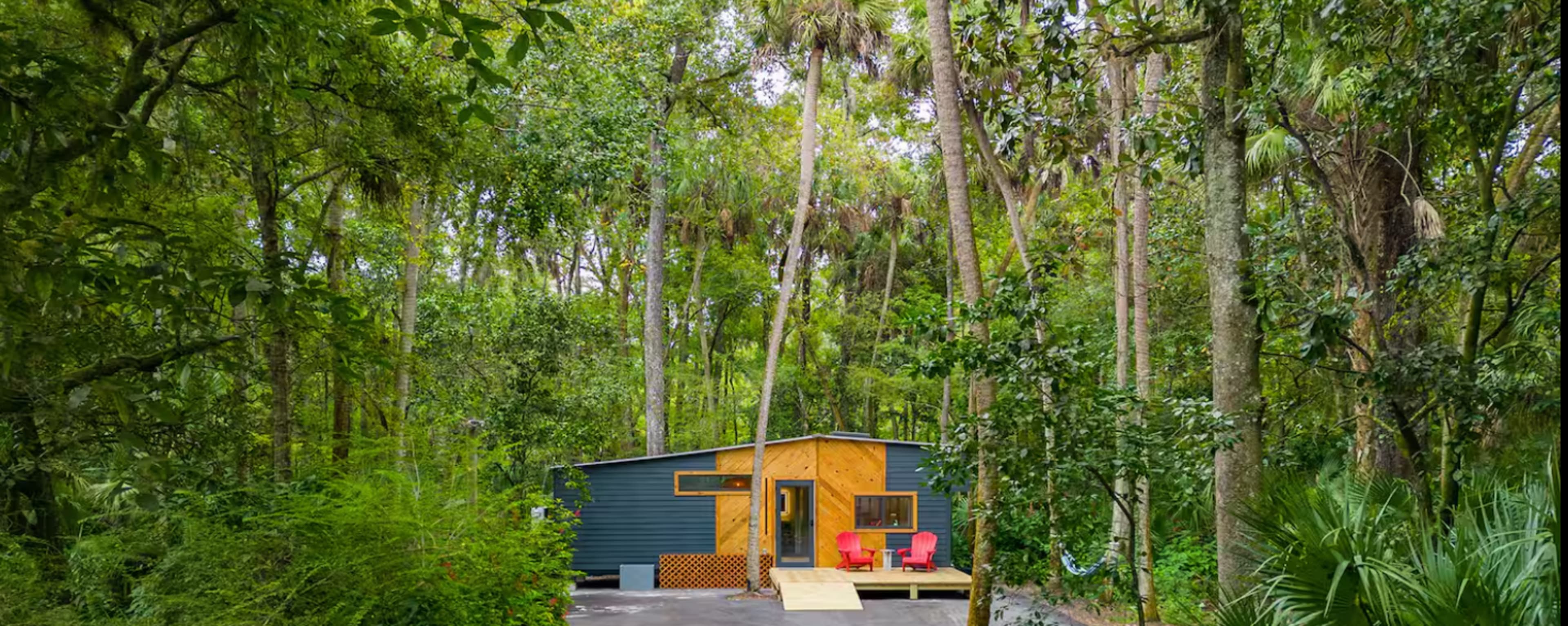 A small cabin with a wooden deck is nestled among tall trees in a dense forest.