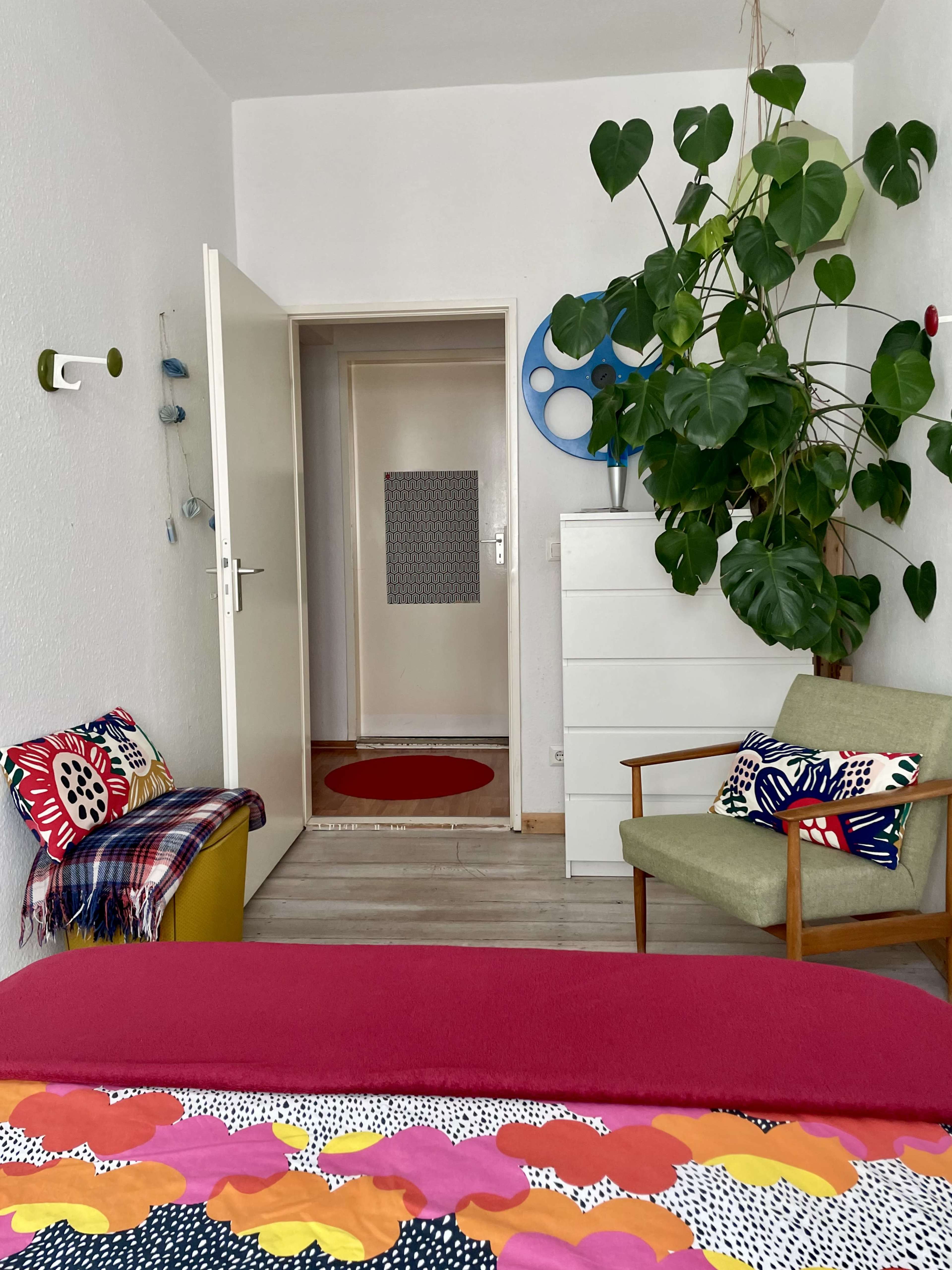 A cozy room features a vibrant bedspread, a green chair, a colorful throw, and a large potted plant near an open door leading to a hallway.
