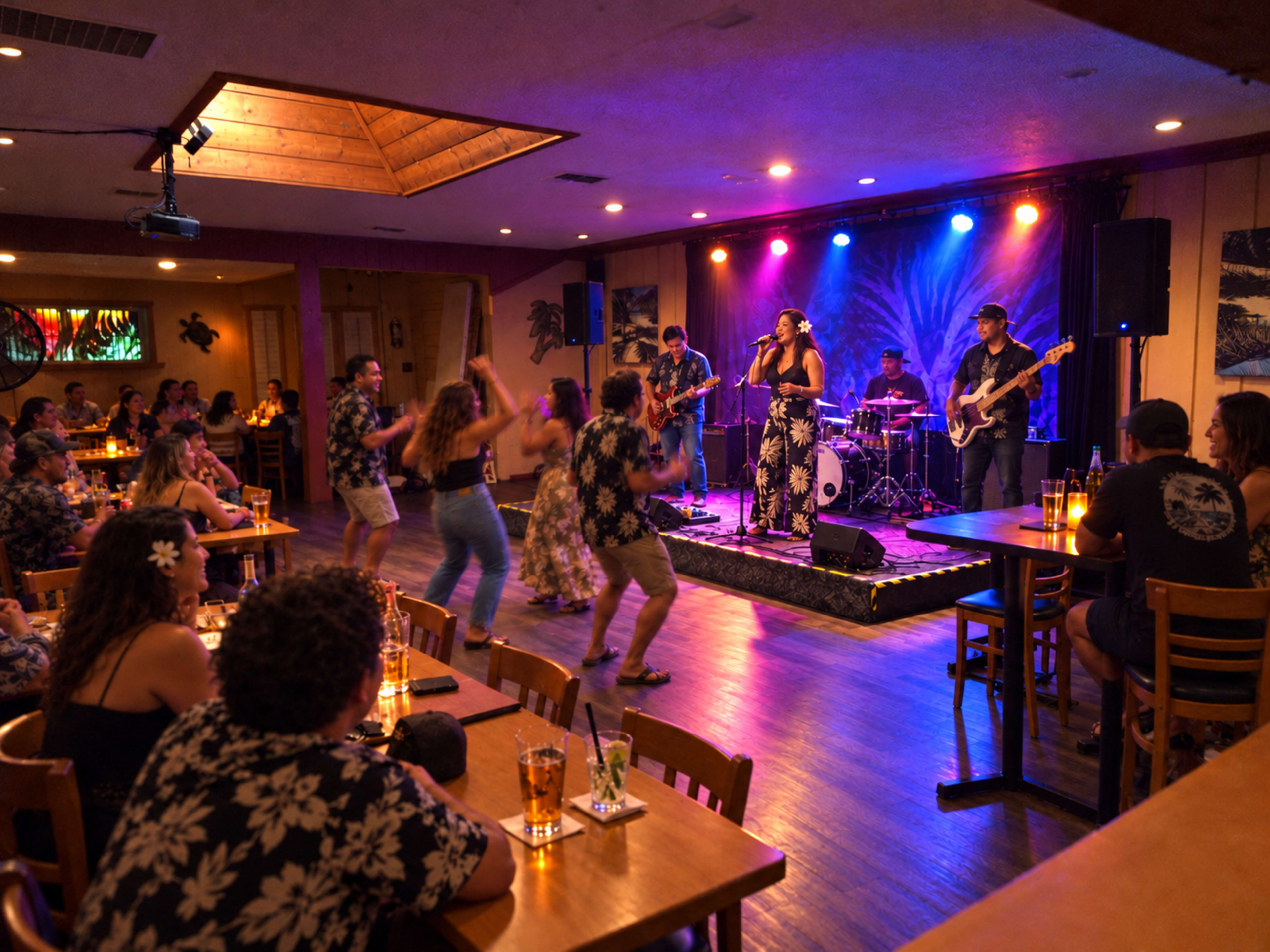A lively band performs on stage while people dance and enjoy drinks at a tropical-themed restaurant.