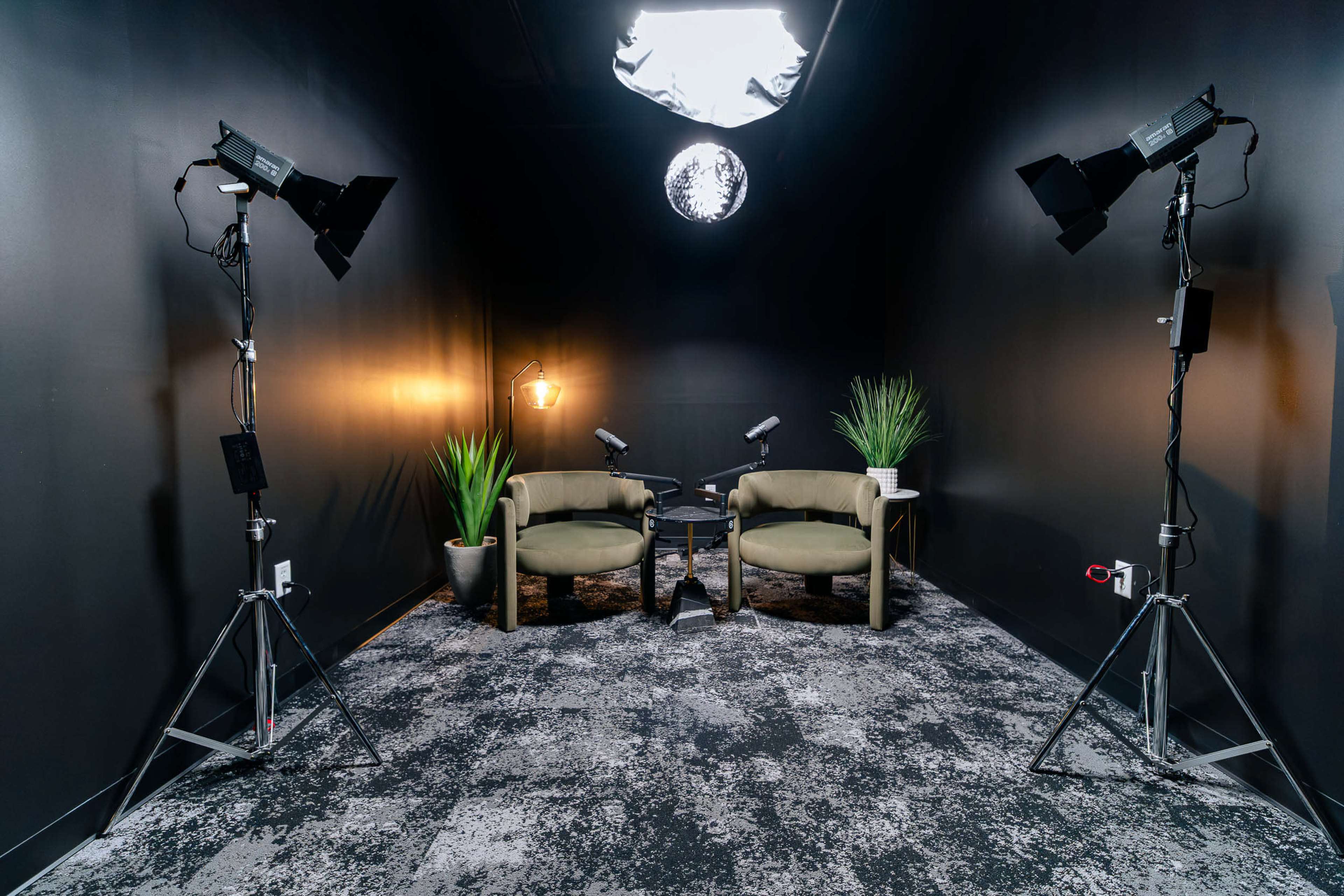 The image shows a photography studio with two green chairs, a small table between them, four studio lights, and decorative plants set against a black backdrop.