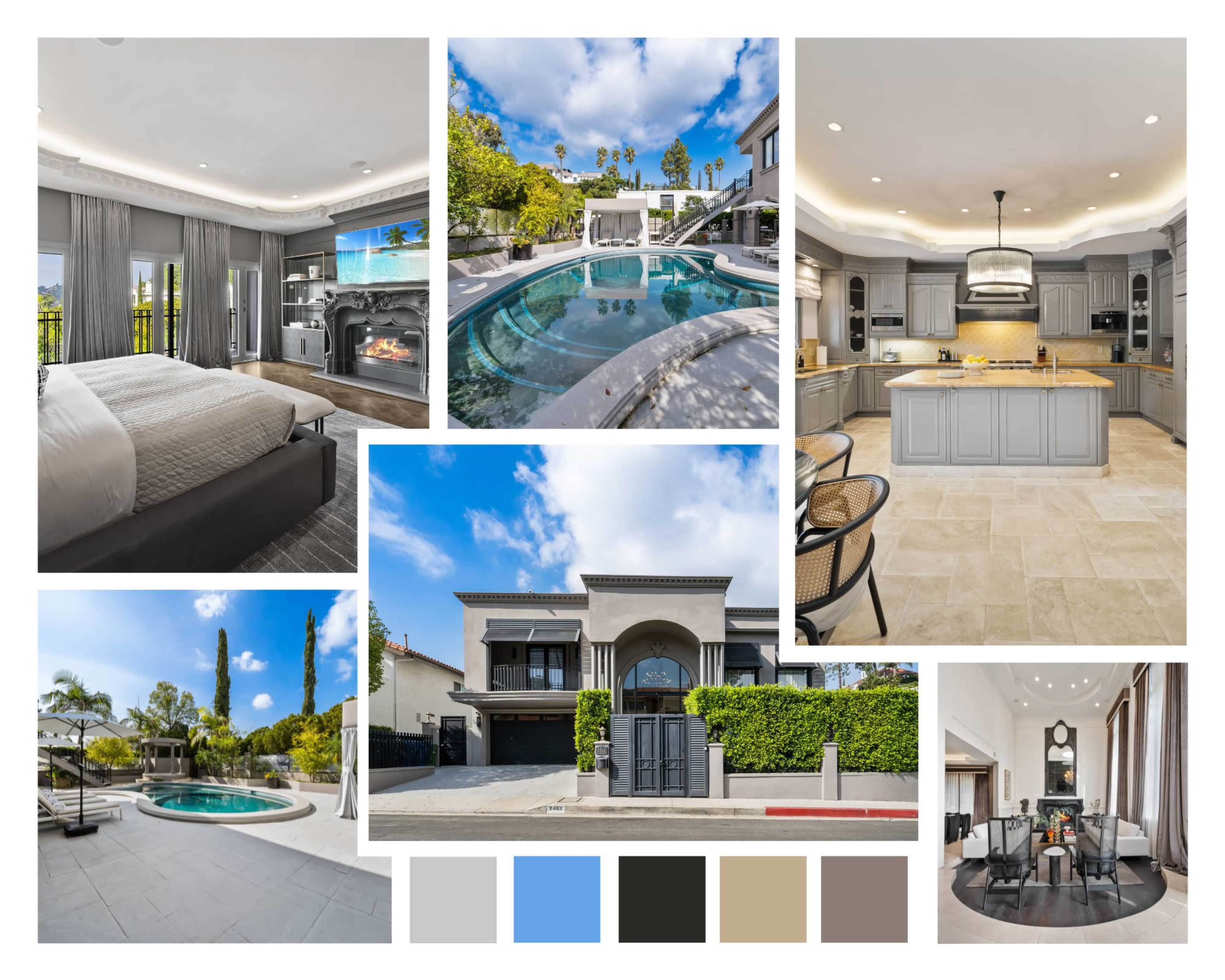 The image showcases a luxurious modern home featuring a spacious bedroom, a stylish kitchen, and an outdoor pool area surrounded by greenery.