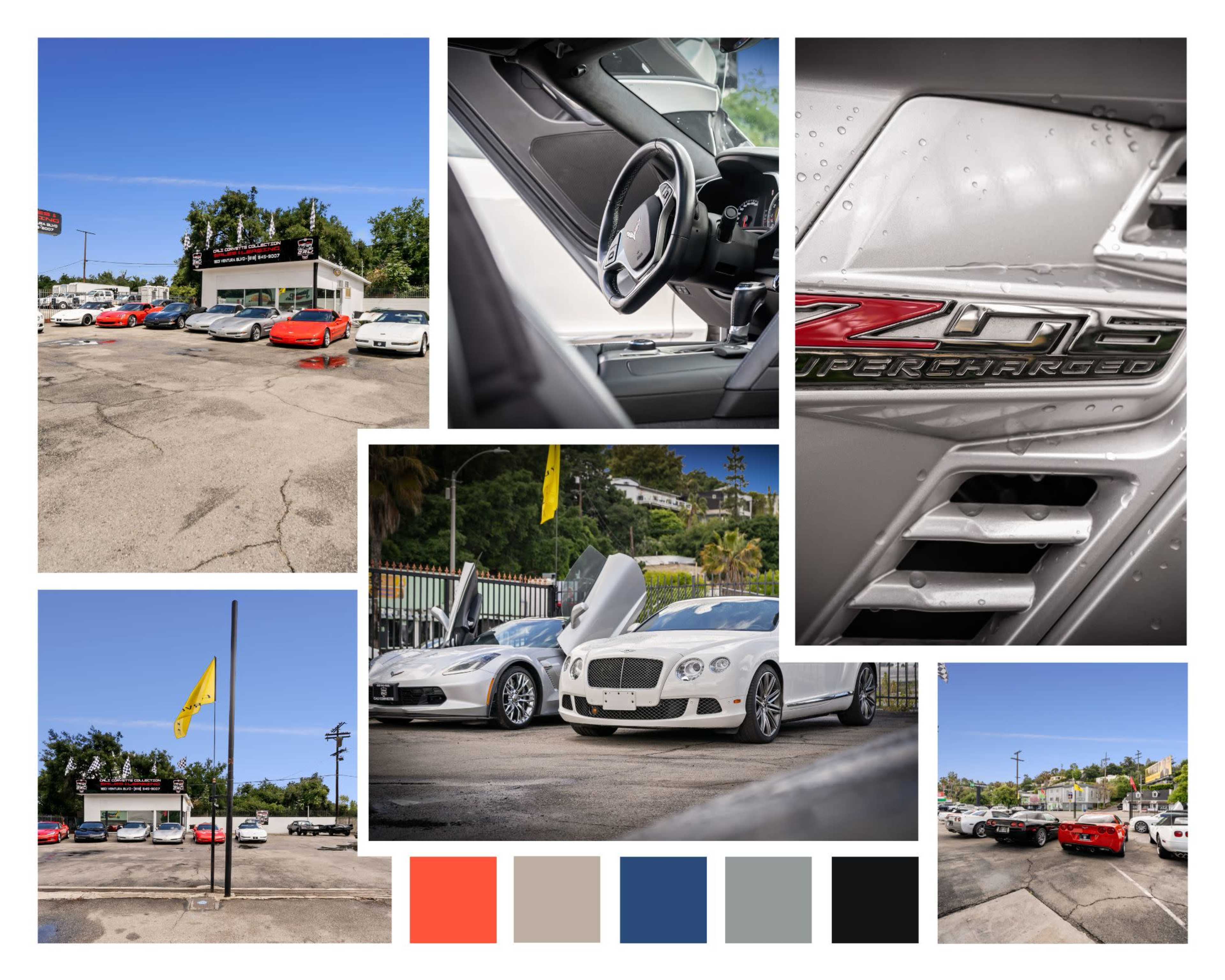 A car dealership with various luxury cars parked outside, including a Bentley and several red sports cars, set against a clear blue sky.