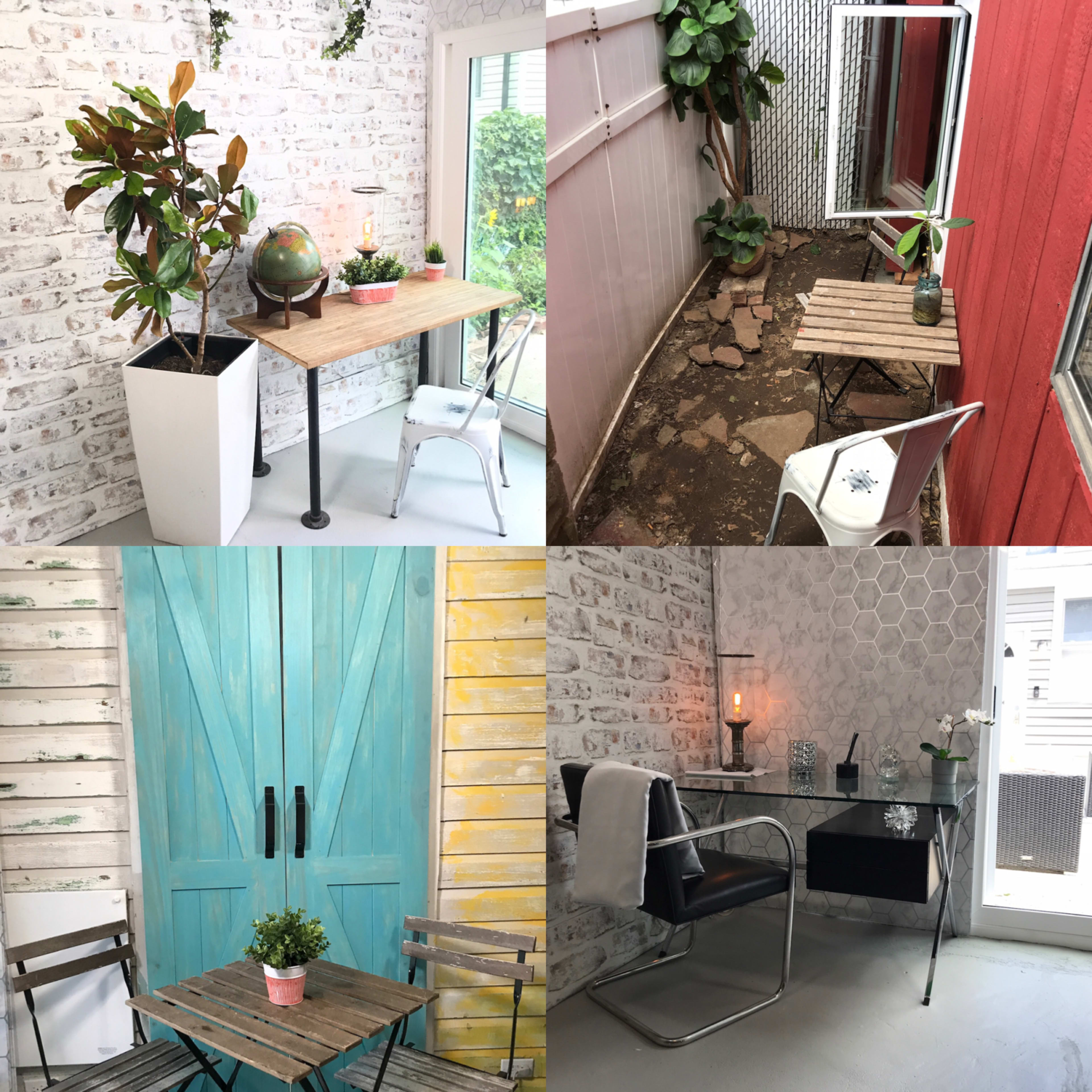 A collage of four interior scenes featuring various small workspace setups with plants, tables, and decorative elements against textured walls.