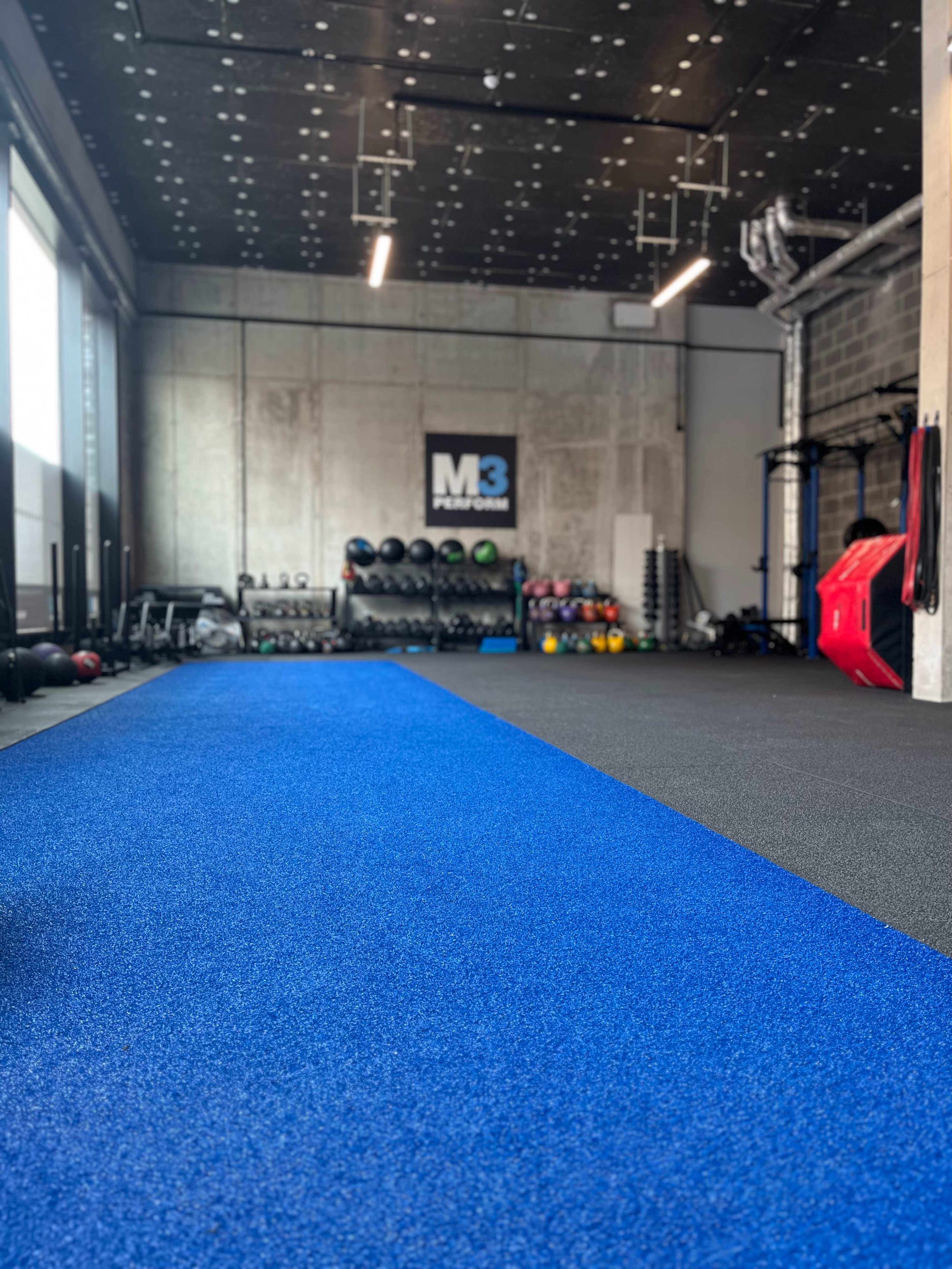 The image shows a modern gym interior with a blue exercise mat, exercise equipment in the background, and a wall sign reading "M3 Performance."