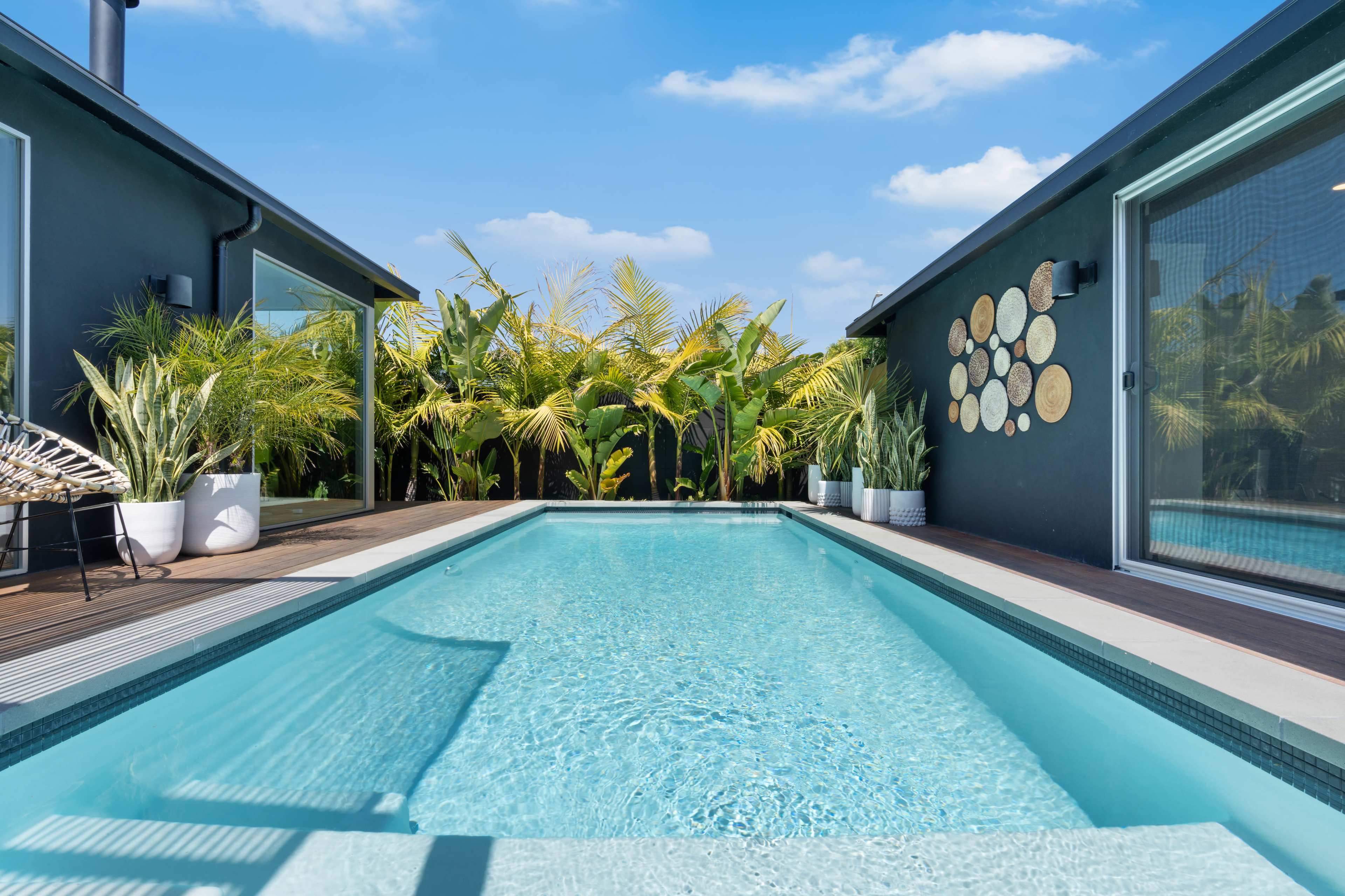 A rectangular swimming pool is surrounded by tropical plants and modern architecture featuring large windows.