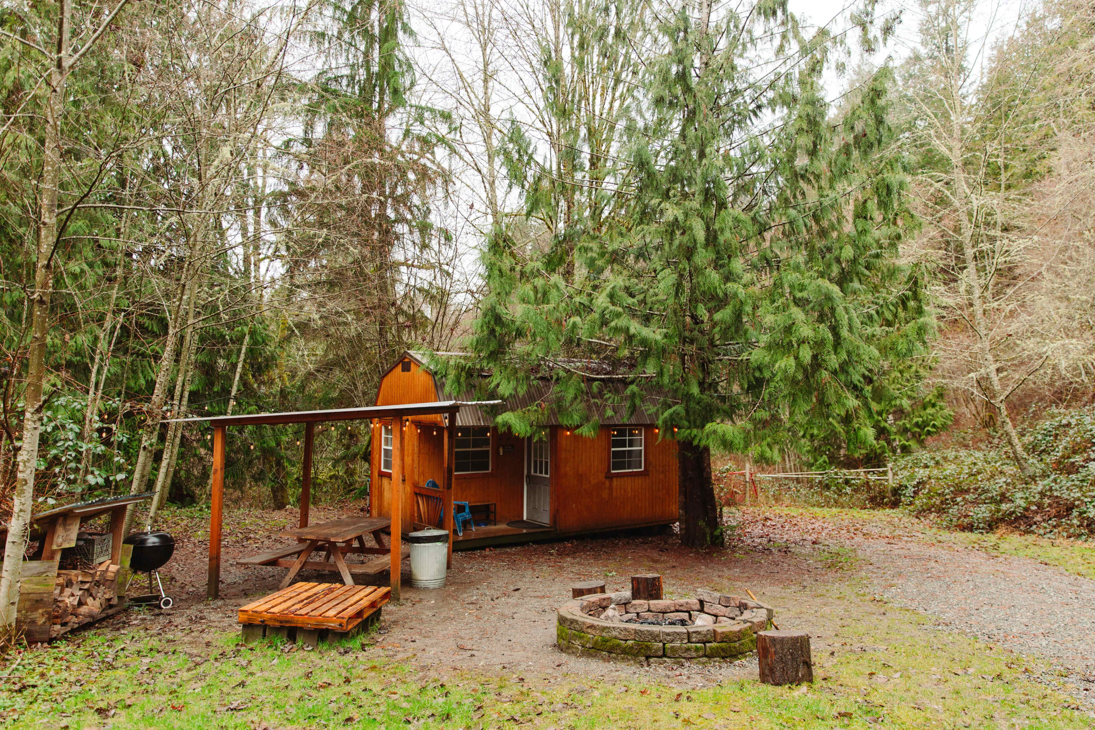 The image features a small wooden cabin surrounded by tall trees, with a picnic table and a fire pit nearby.