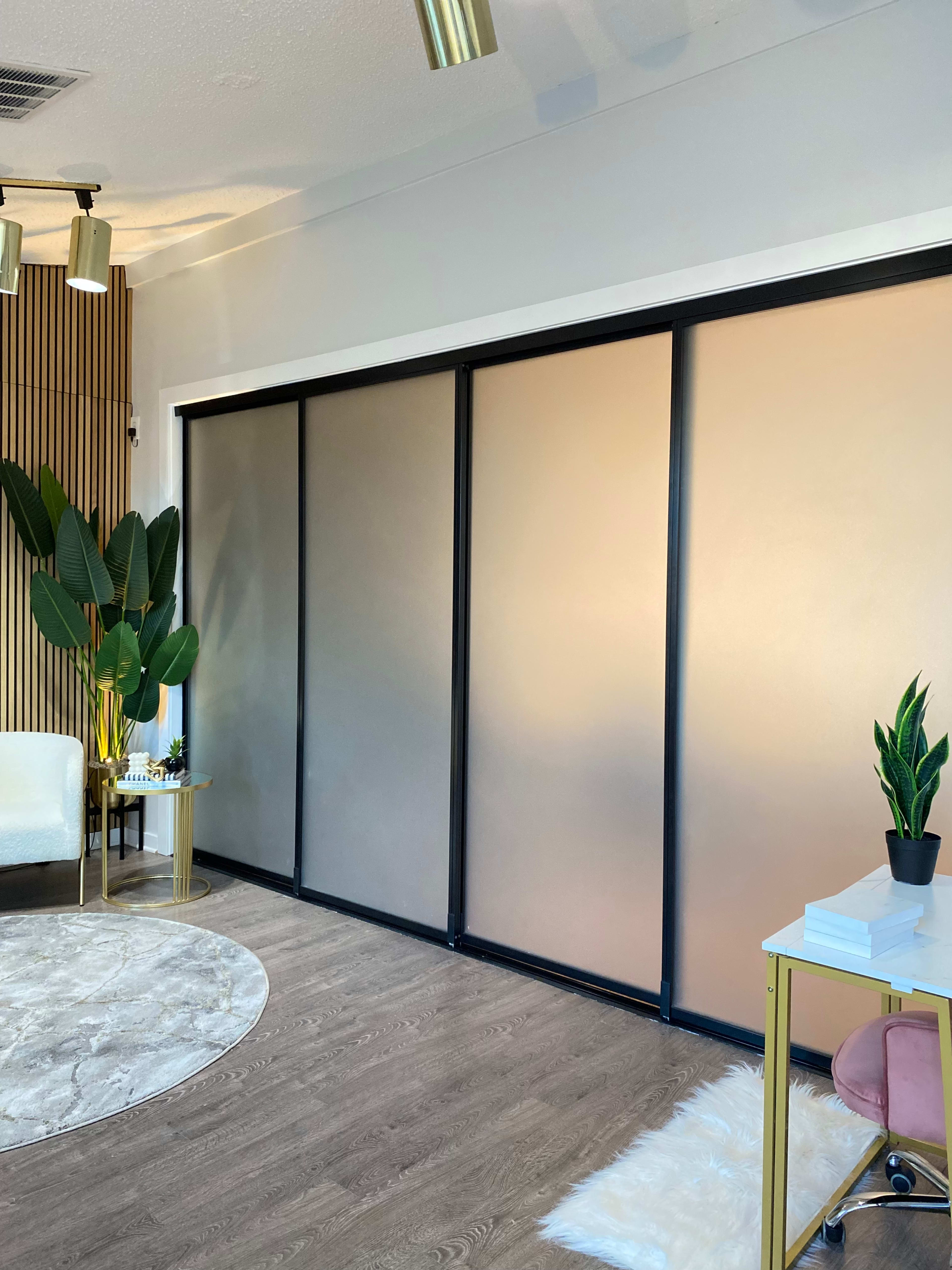 The image shows a modern room featuring a large frosted glass sliding door, a circular rug on the wooden floor, a small table with plants, and a desk with books.