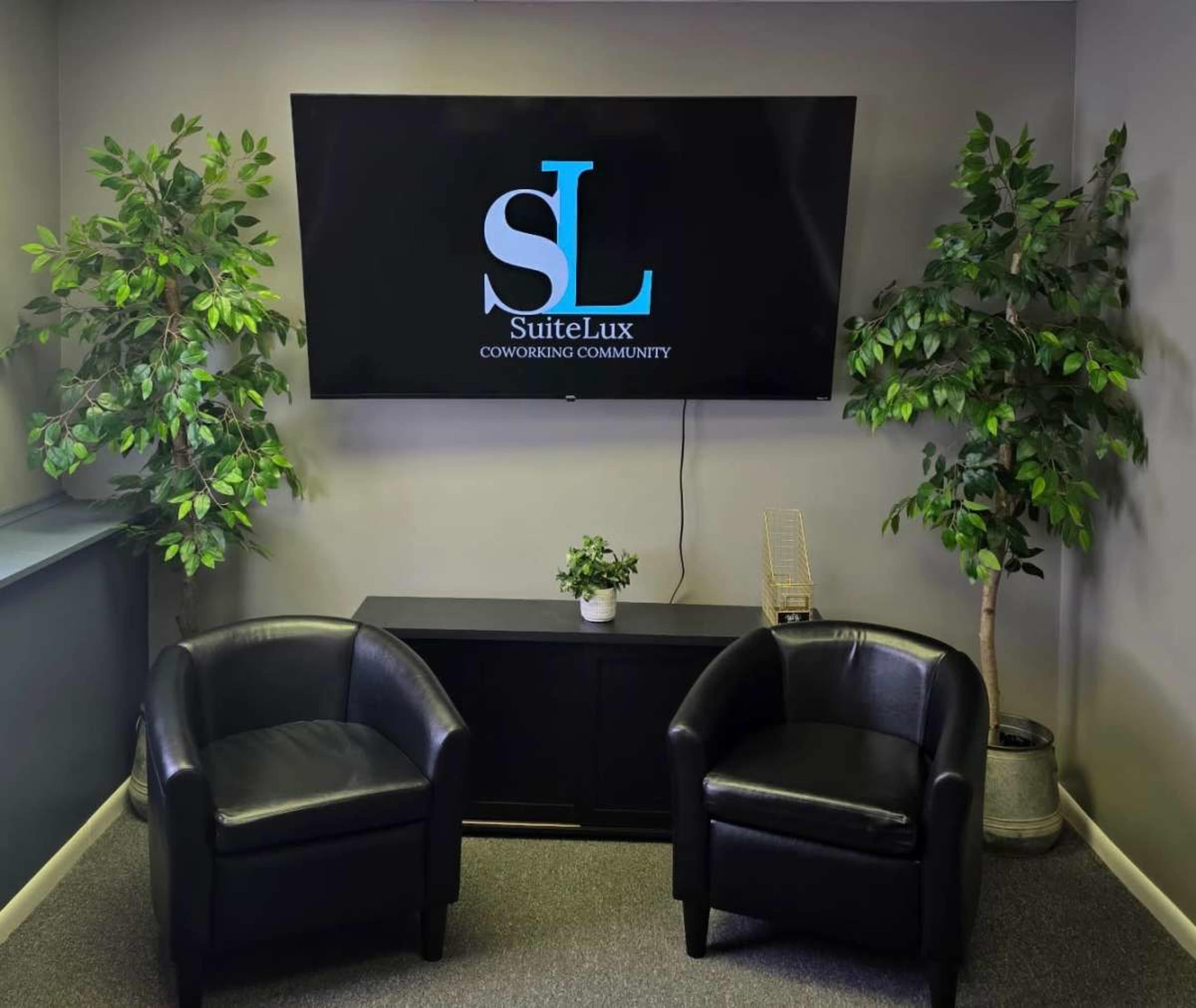 The image shows a modern office space featuring two black leather chairs facing a television displaying the "SuiteLux Coworking Community" logo, with potted plants on either side.