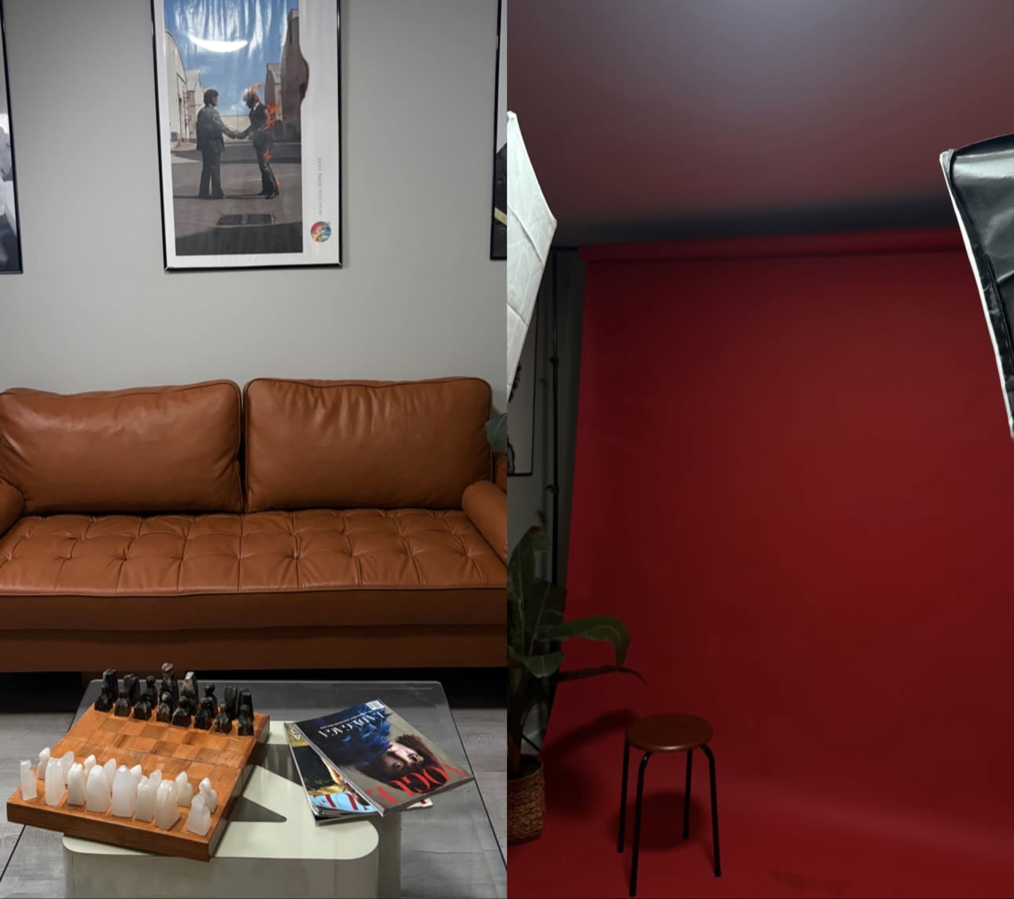 The image shows a split scene with a brown leather couch and a chessboard on the left, and a red backdrop with a stool and lighting setup on the right.