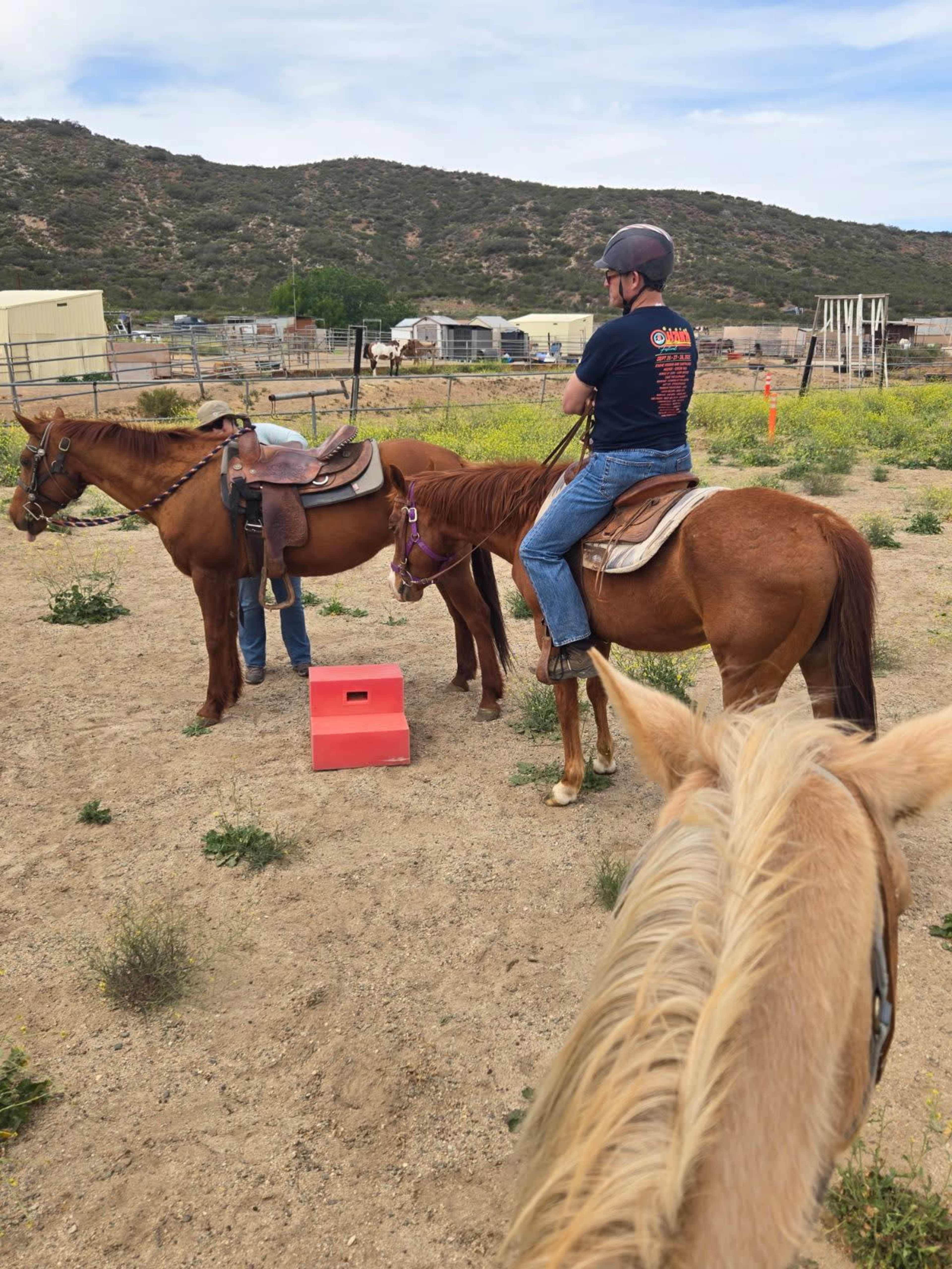 Two riders are on horseback in a sandy area near a barn, with one horse standing beside a red training platform while the other horse watches.