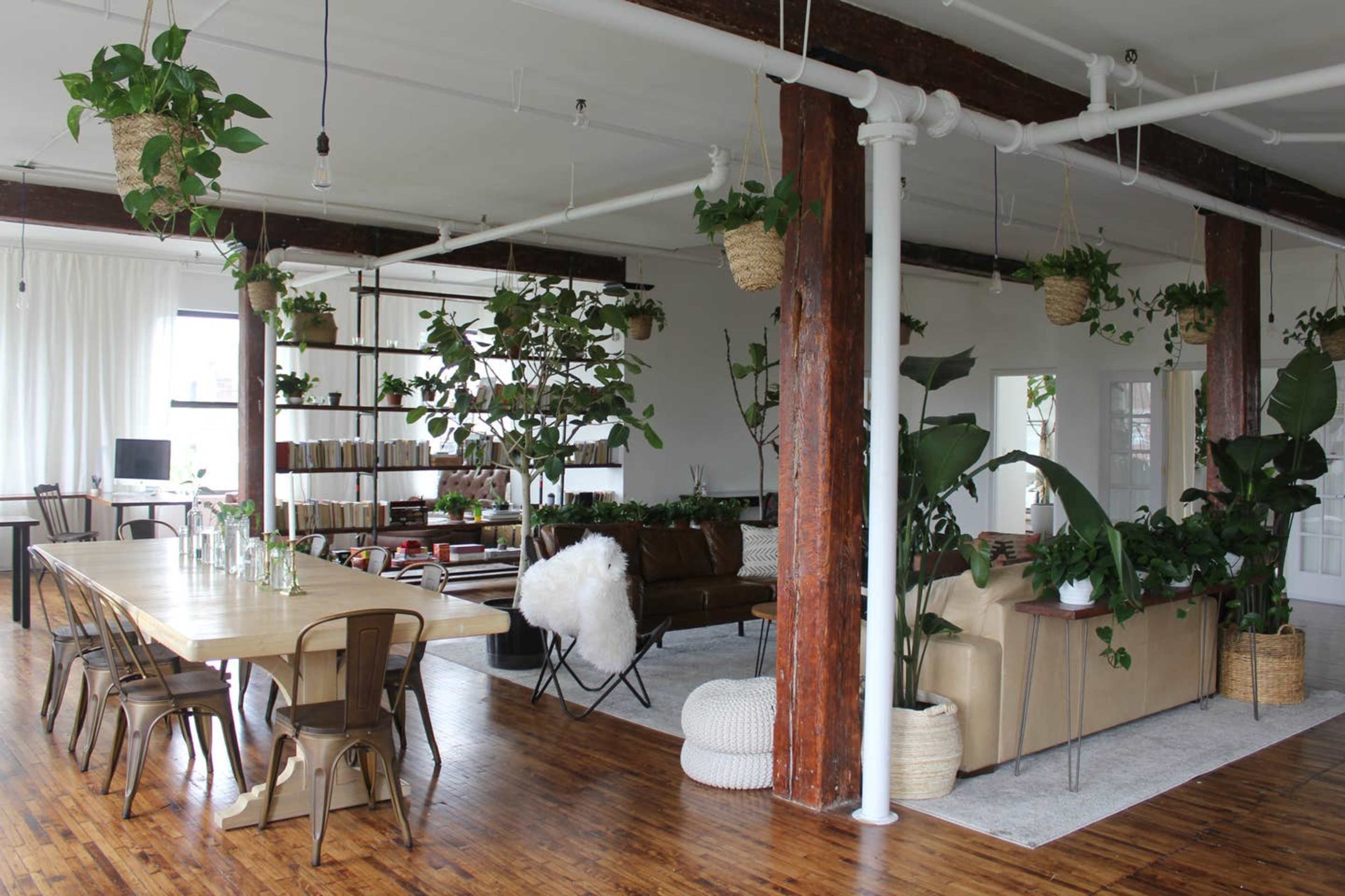 A spacious, modern interior featuring a long wooden dining table, a seating area with plants, and large windows that allow natural light to fill the room.