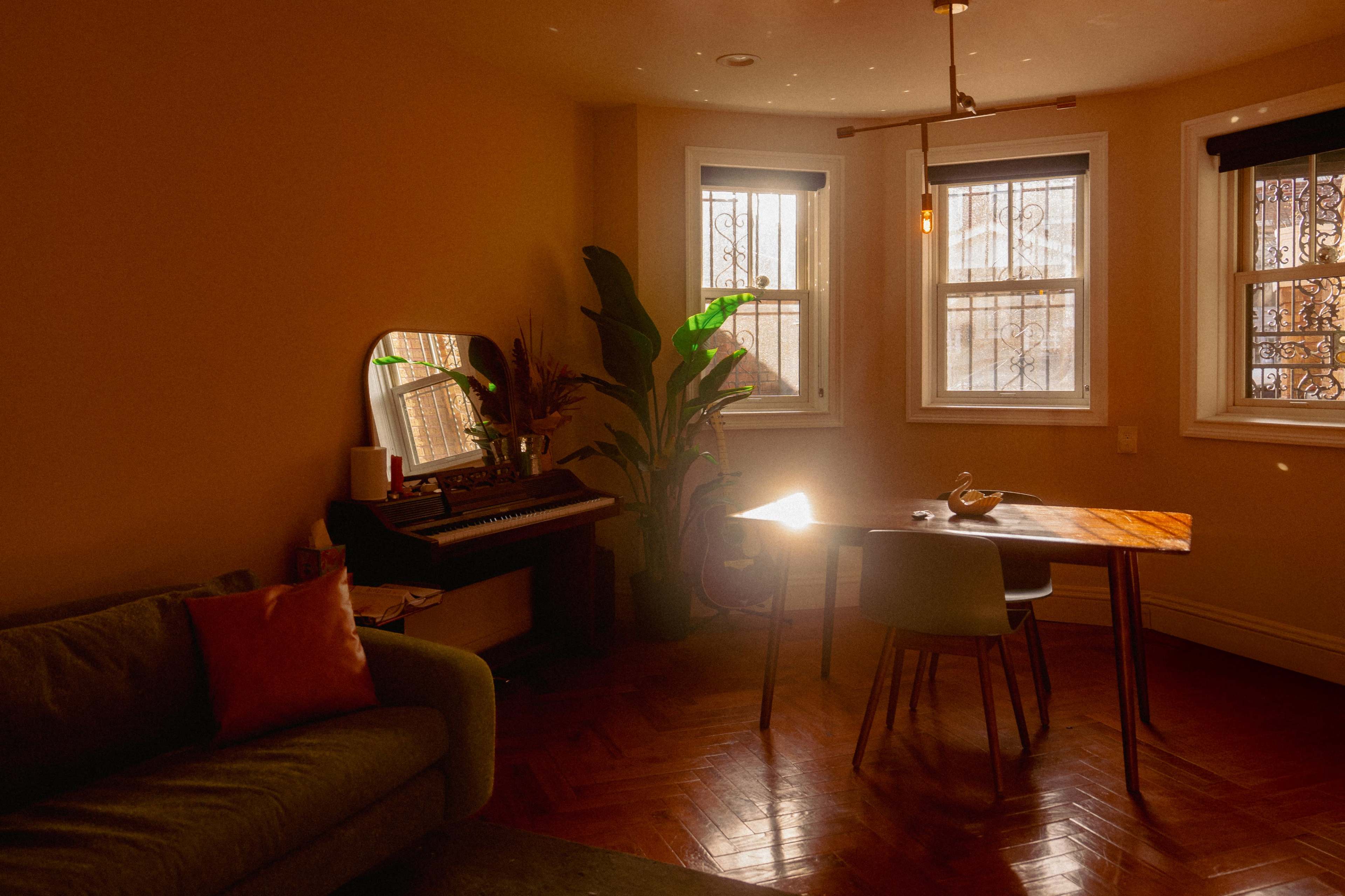 A cozy room features a piano, a dining table with chairs, and plants near windows that allow sunlight to stream in.