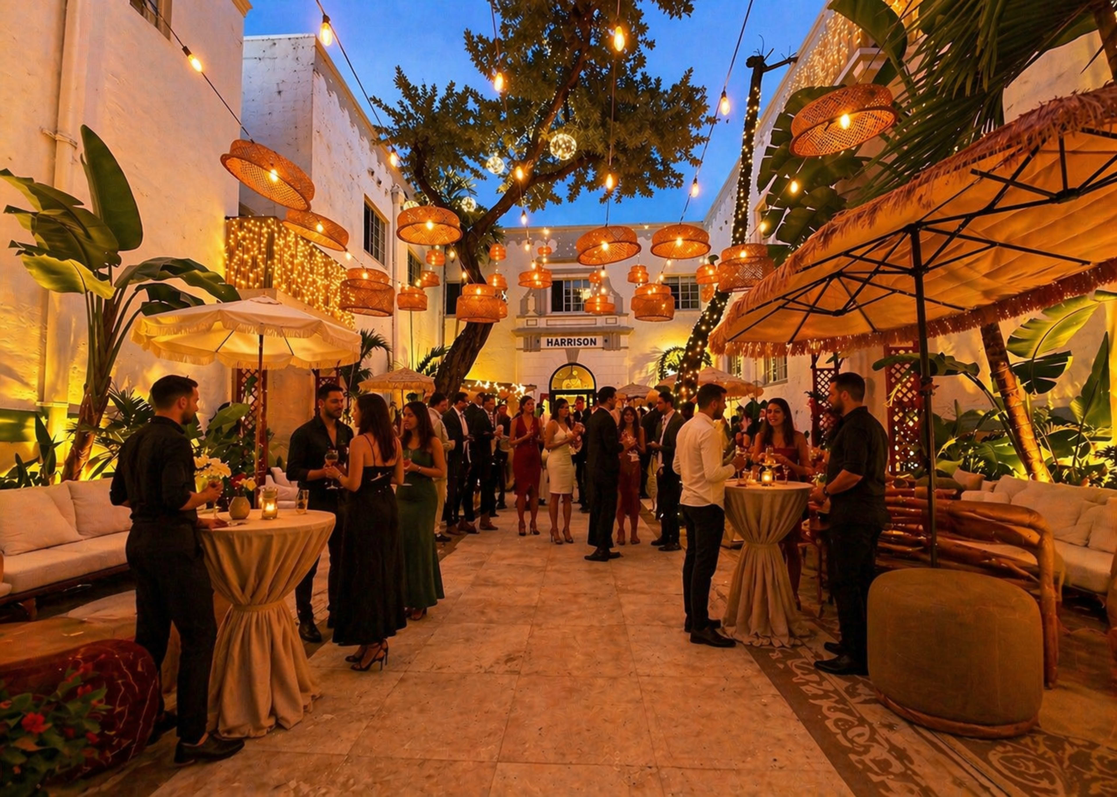 A lively outdoor party is taking place in a courtyard adorned with string lights and lanterns, featuring guests mingling around tables and lush tropical plants.
