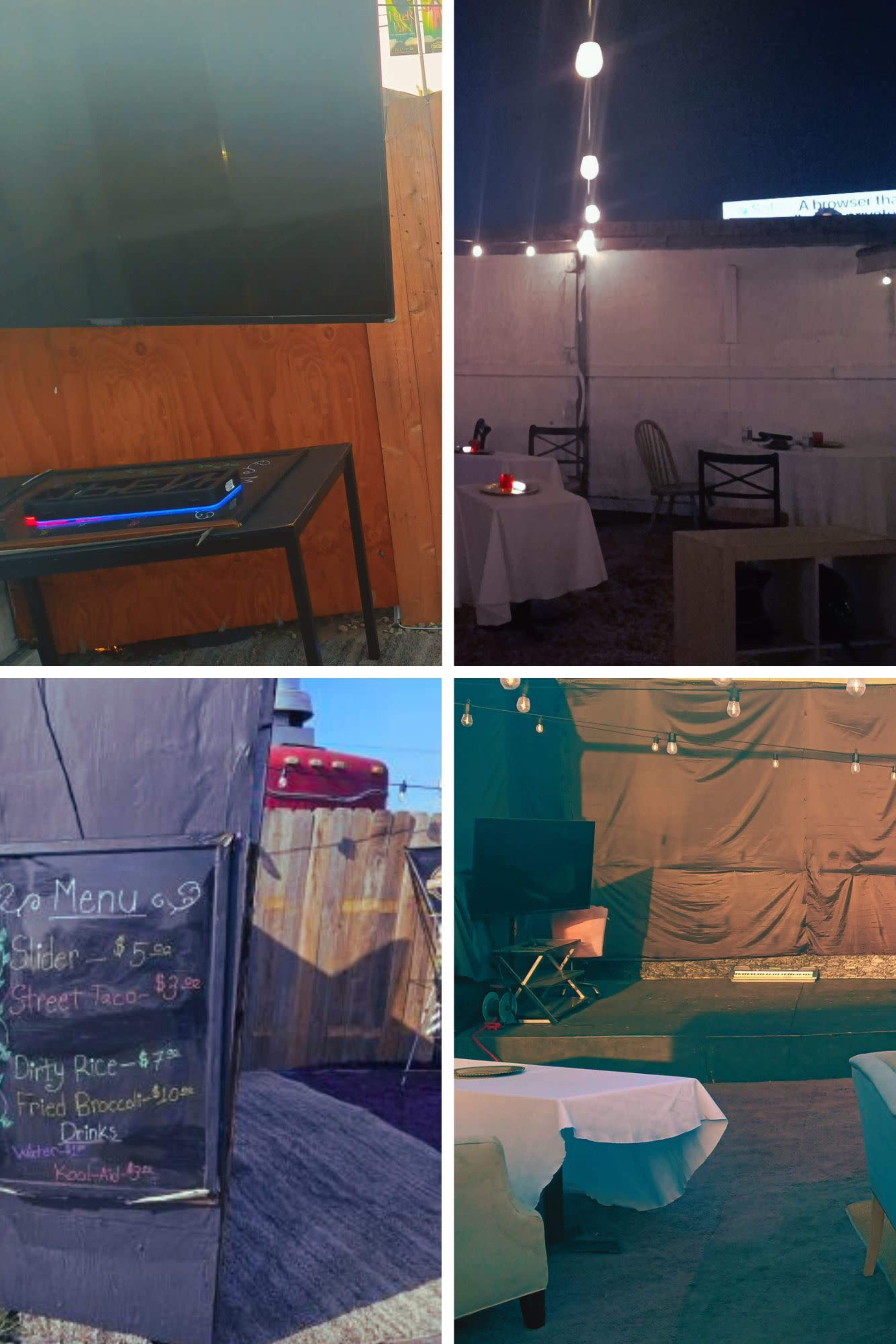 The image shows an outdoor dining area with tables set up under string lights, along with a menu board displaying food items and prices.