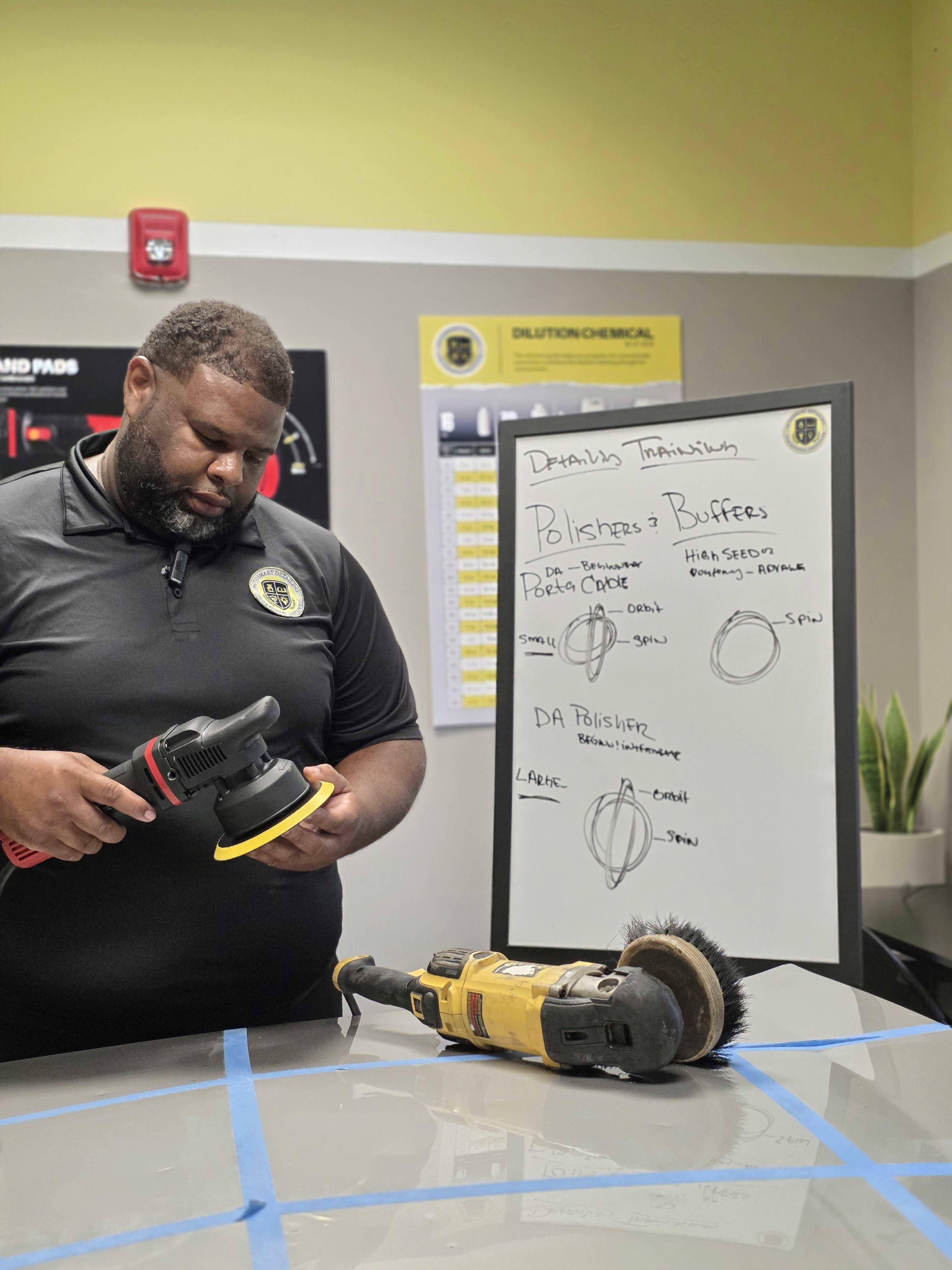 A man is holding a polisher and examining it in a room with a chart on a wall outlining information about polishers and buffers.
