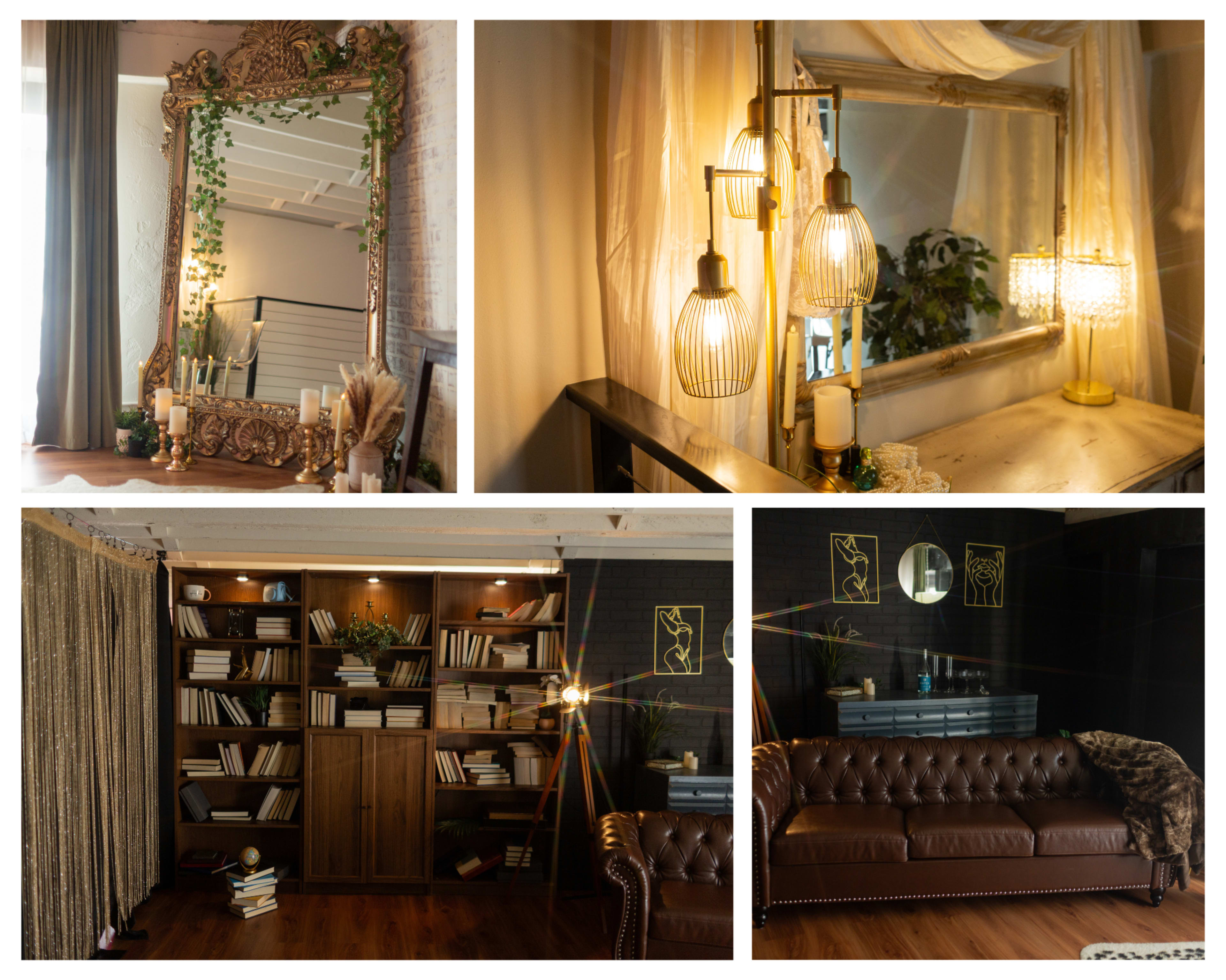 The image features four different interior scenes, including ornate mirrors, decorative lighting fixtures, a bookshelf filled with books, and a brown leather sofa in a stylish living space.