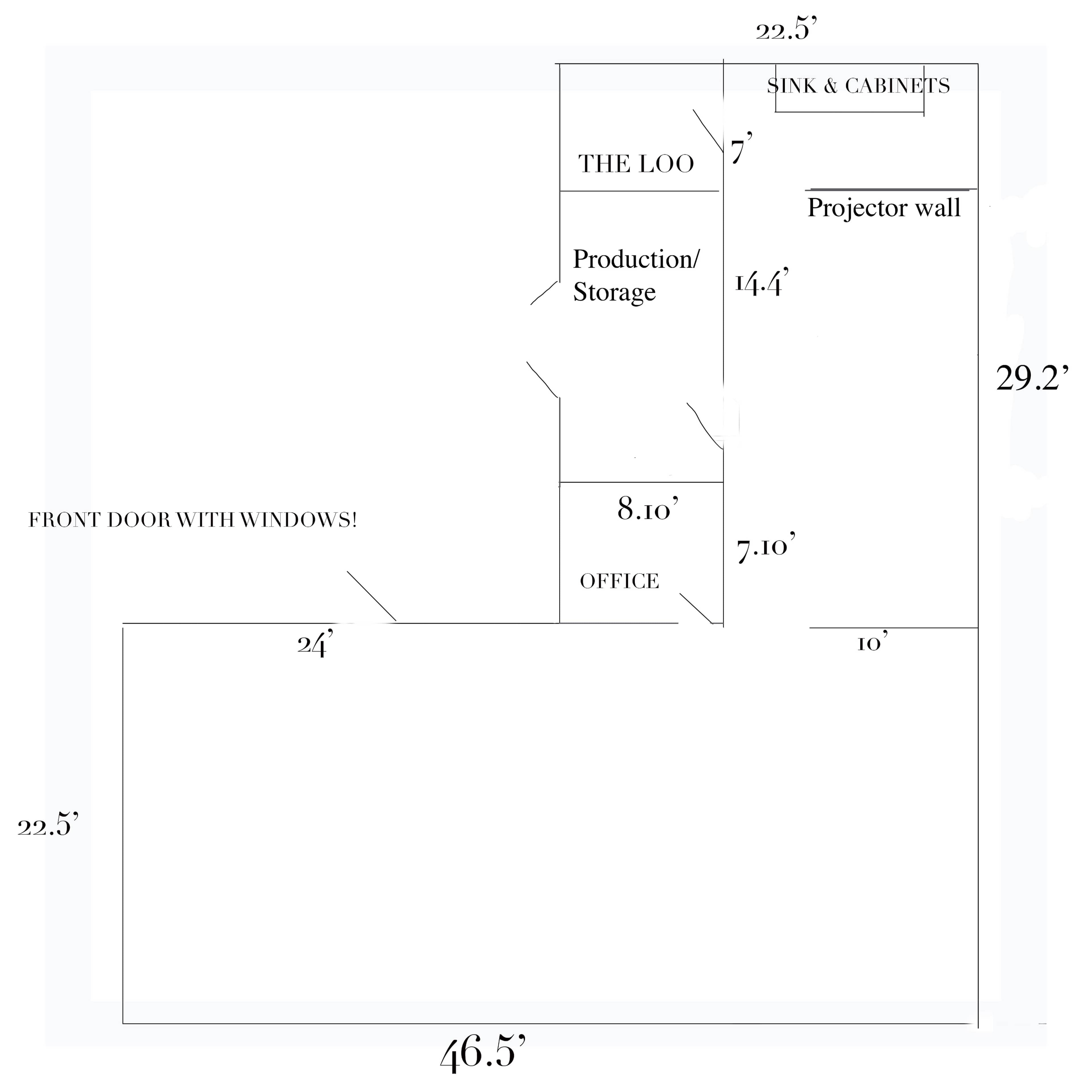 A floor plan layout with labeled areas including an office, storage, a restroom labeled "THE LOO," and a section for sinks and cabinets, with specified dimensions.