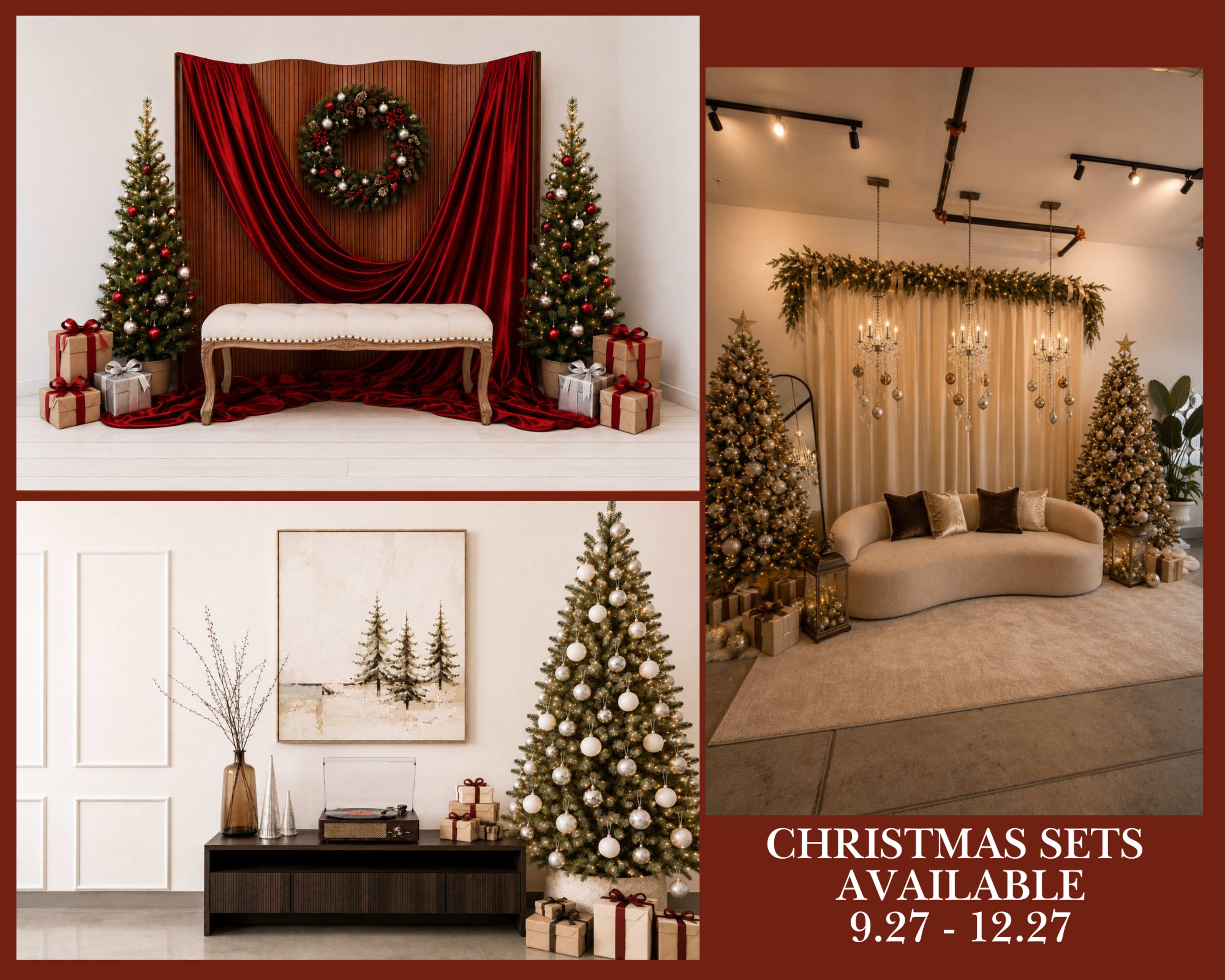 The image showcases three distinct Christmas-themed sets featuring decorated trees, festive decor, and elegant seating areas.