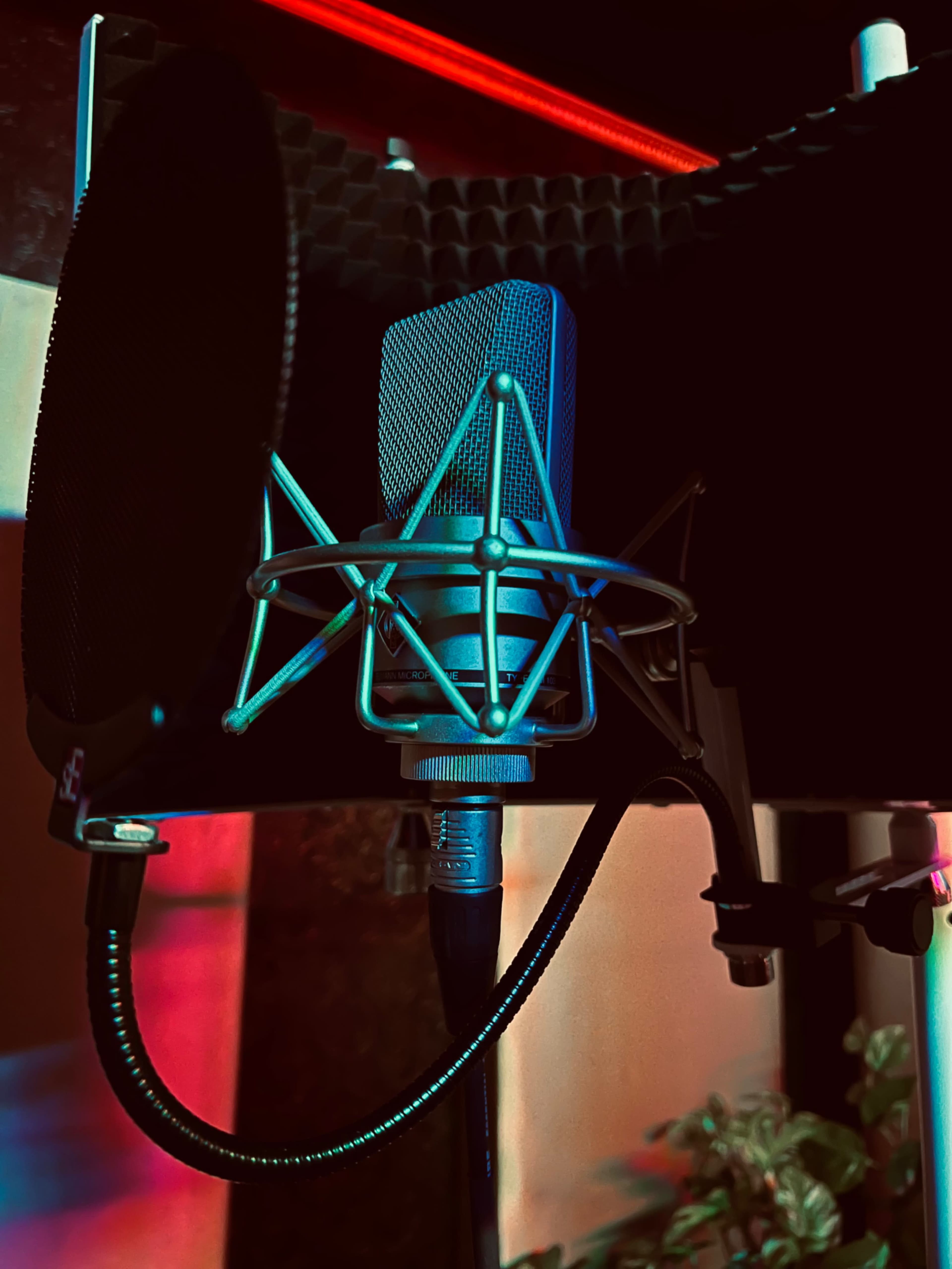 A microphone is positioned inside a soundproof booth with acoustic panels.