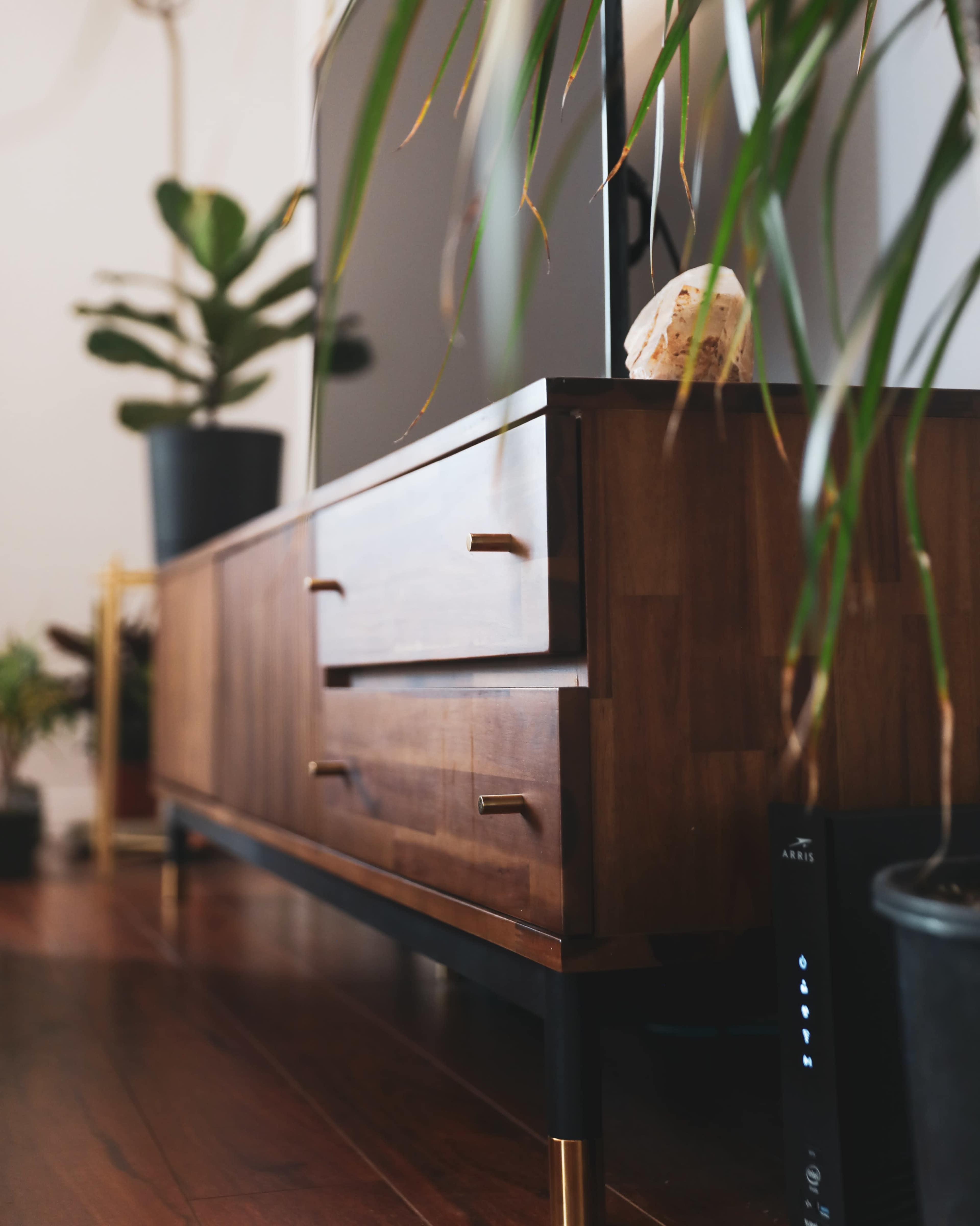 A wooden credenza with metal handles is positioned in front of a television, surrounded by potted plants on a wooden floor.