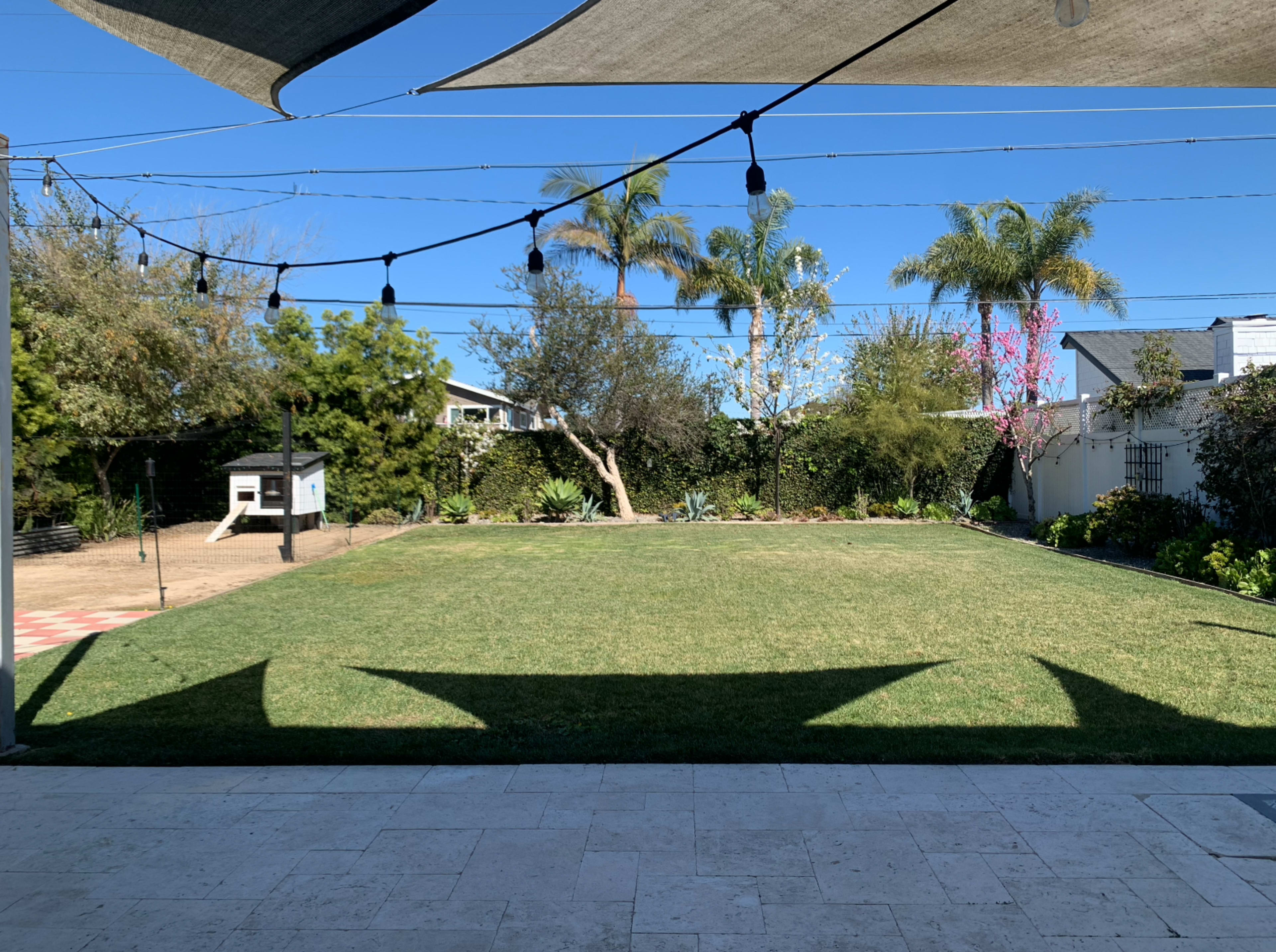 The image shows an outdoor space with a neatly manicured lawn, shaded areas created by overhead fabric, and greenery lining the perimeter, under a clear blue sky.