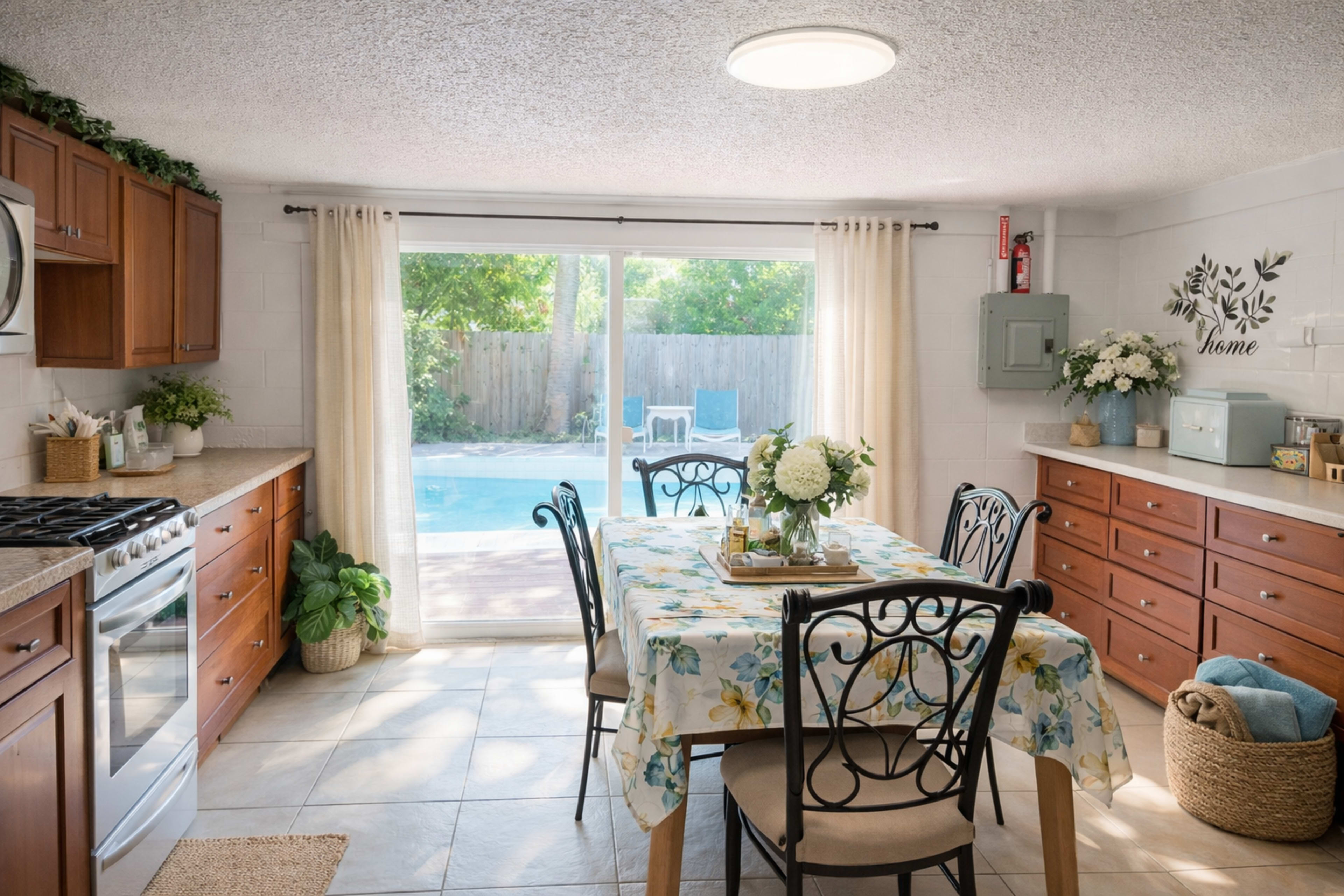 A bright kitchen features a dining table with floral tablecloth, surrounded by chairs, and opens to a view of a swimming pool through sliding glass doors.