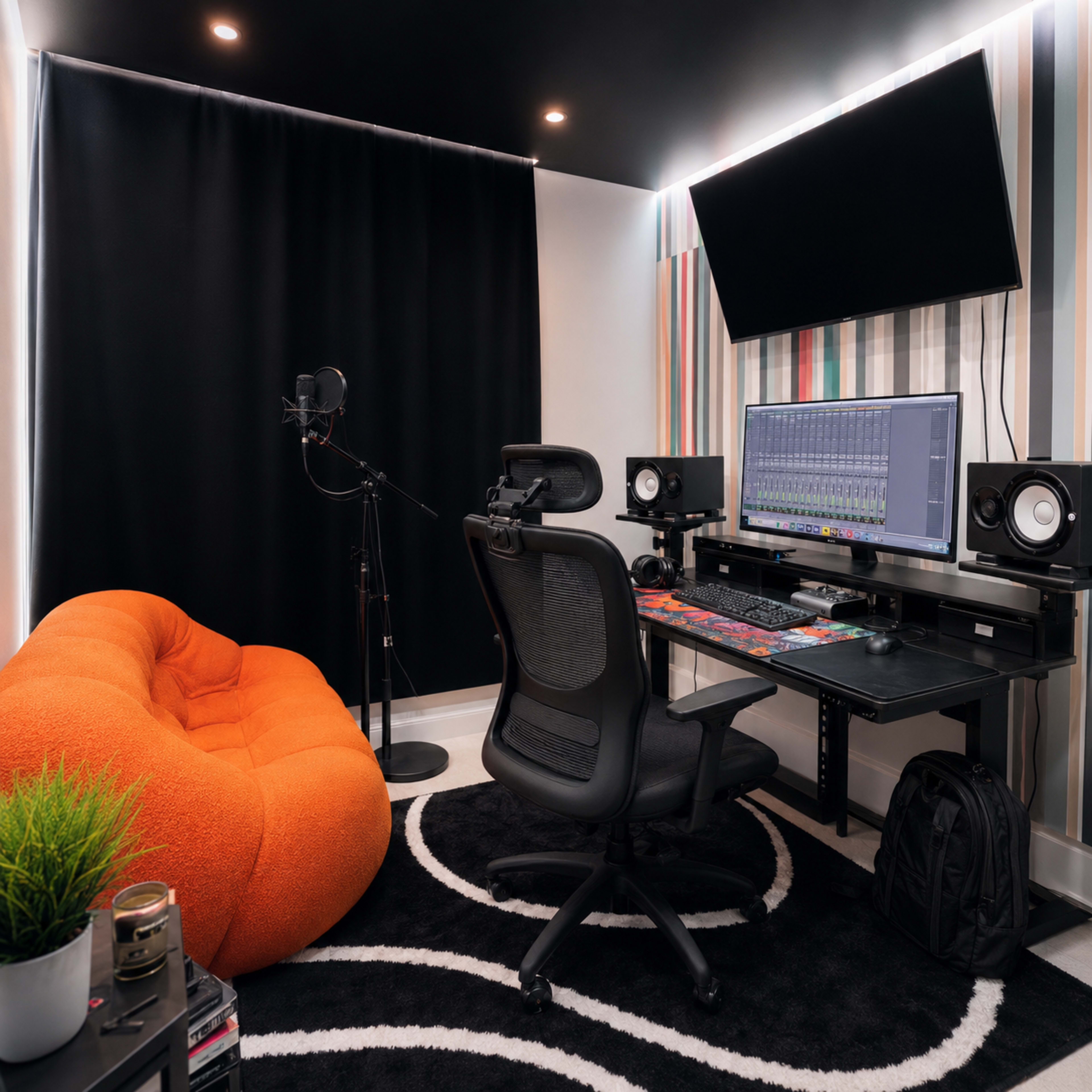 The image shows a modern recording studio setup featuring a black and orange color scheme, with a cozy orange bean bag chair, a microphone on a stand, a computer desk with dual speakers, and a large monitor displaying audio software.