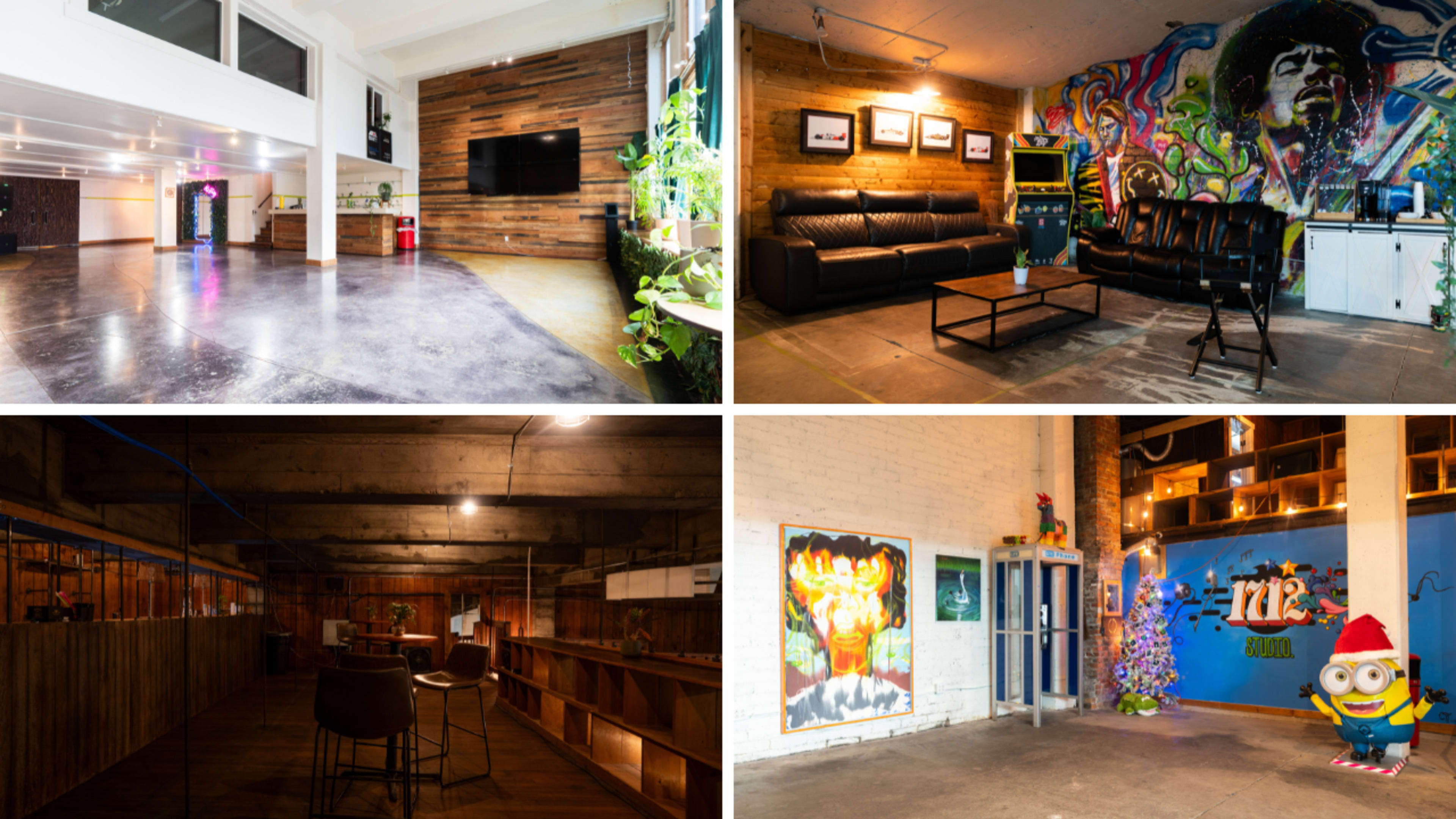 The image features a collage of four distinct interior spaces, showcasing modern design elements, artistic wall murals, and various seating arrangements.