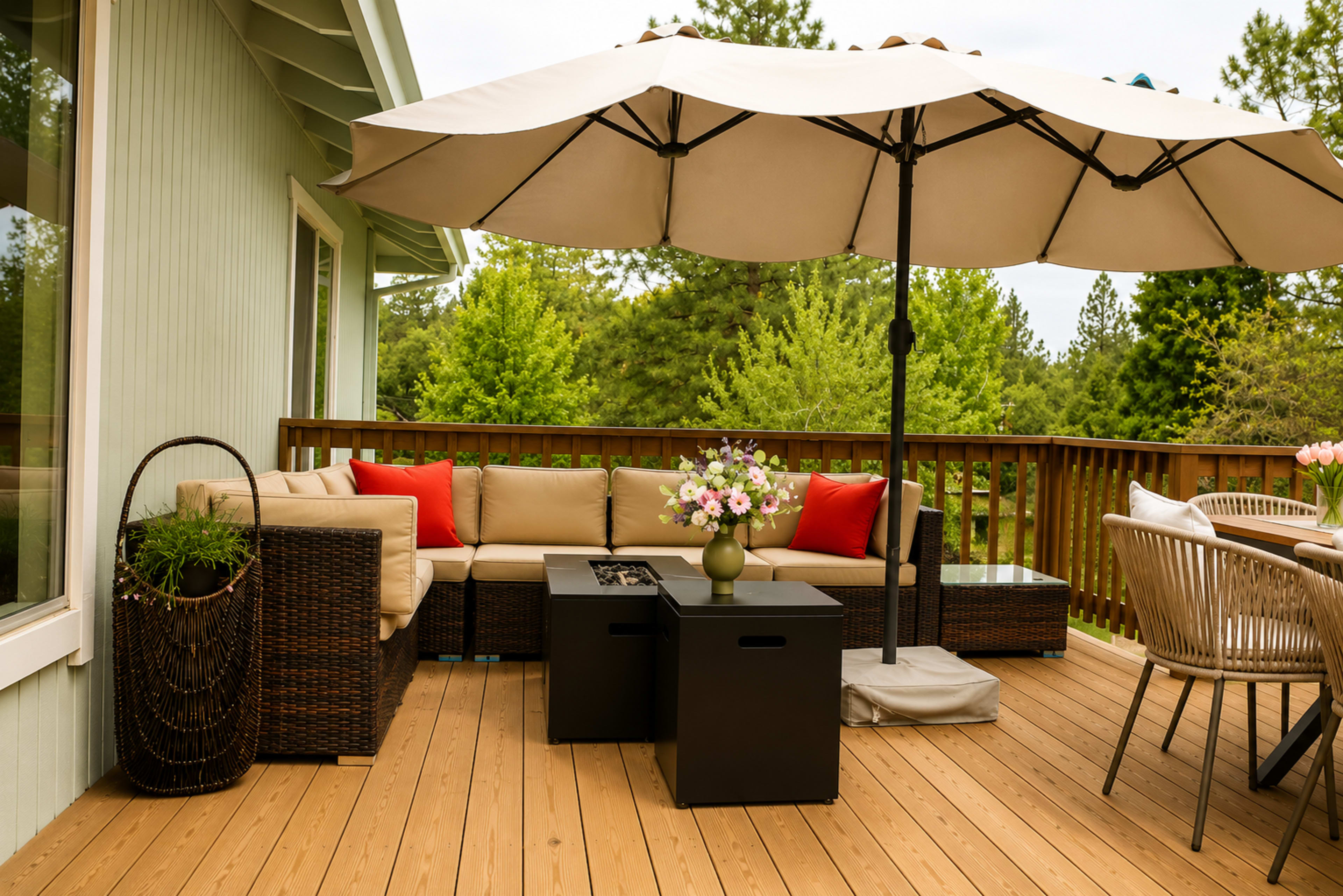 The image shows a furnished wooden deck with a seating area, a large umbrella, a small table, and a flower vase.