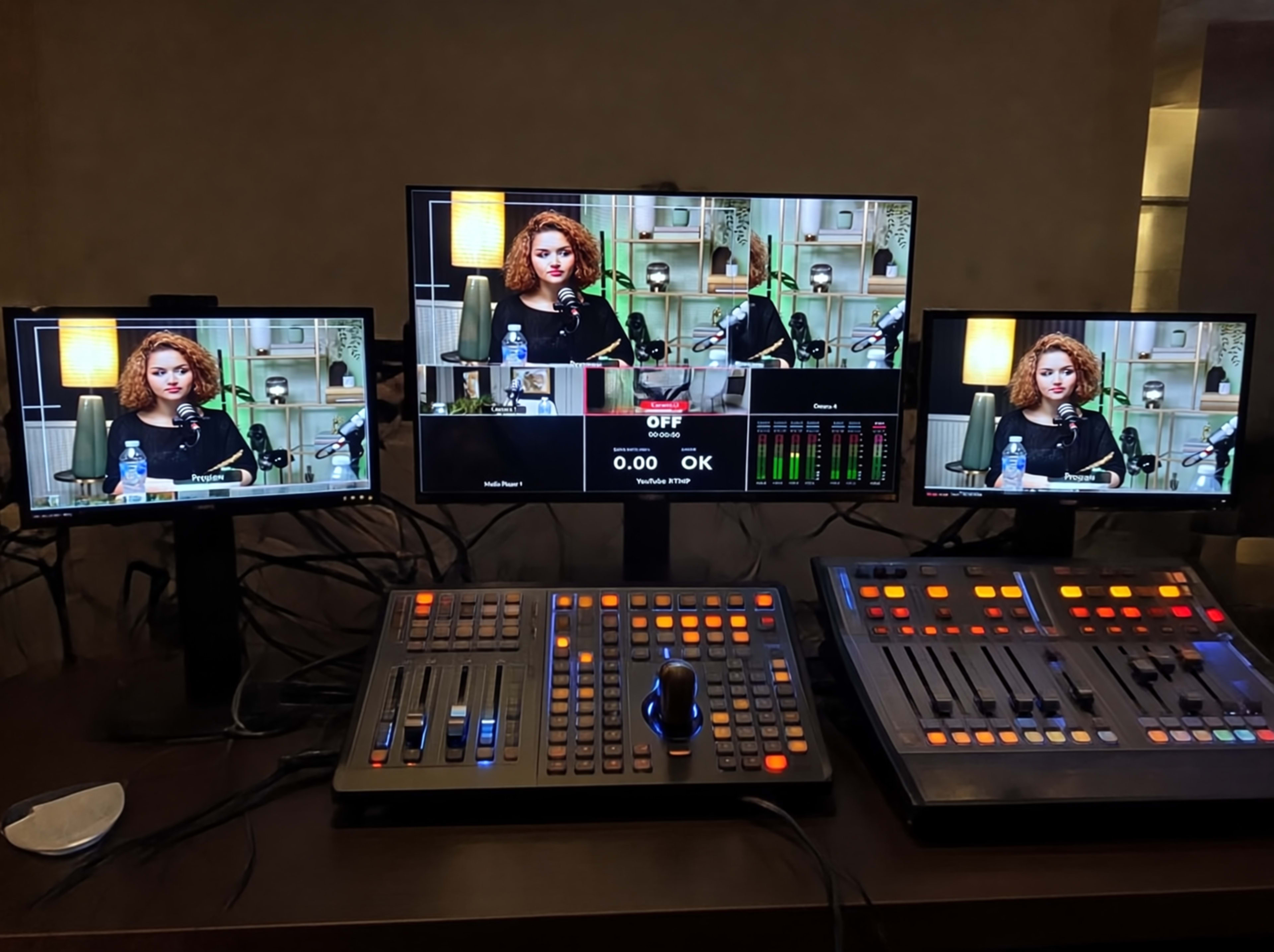The image shows a video production setup with multiple monitors displaying a woman speaking, alongside a control panel featuring numerous buttons and sliders.