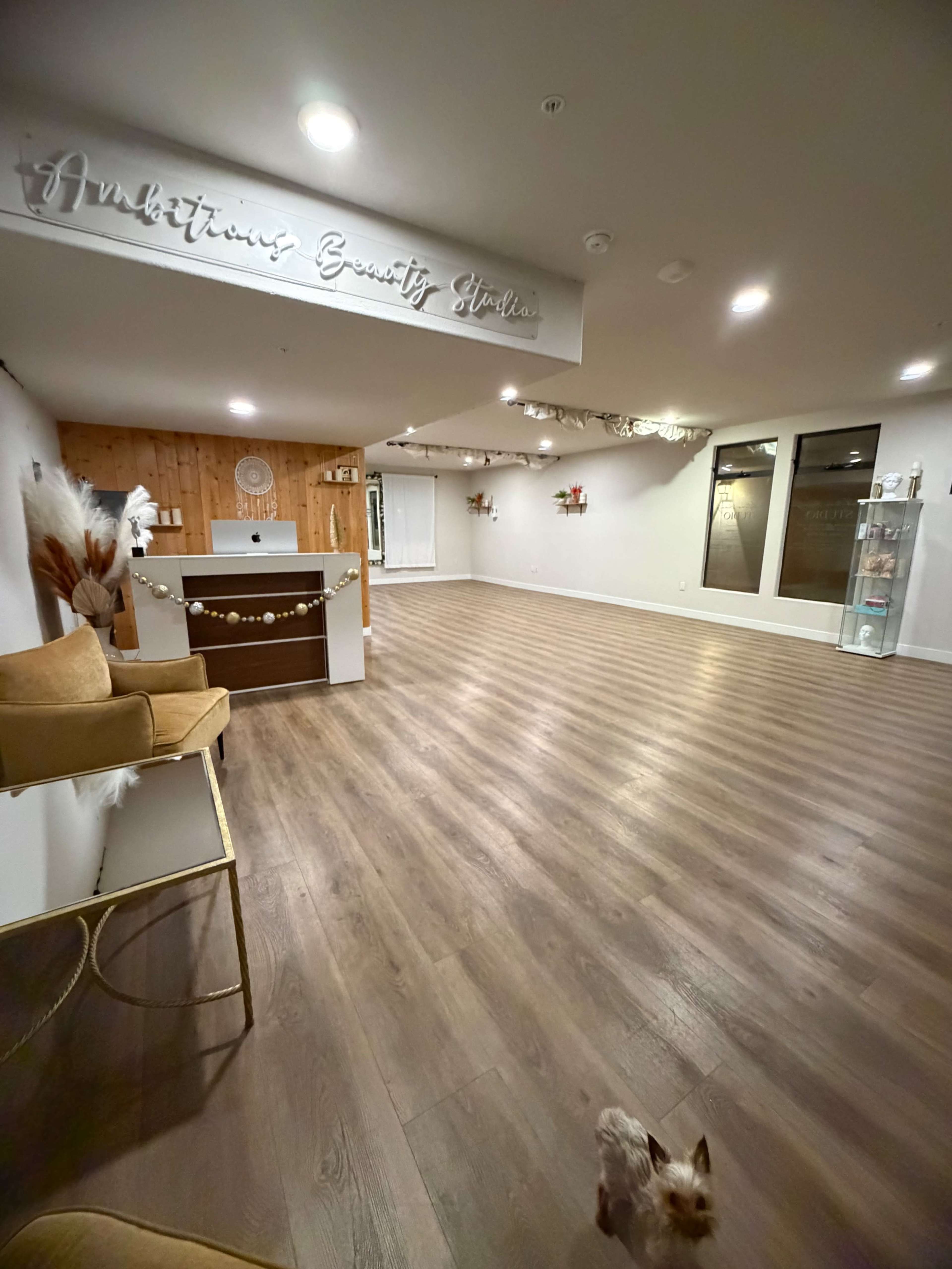 An empty beauty studio features a reception area, wooden accents, and a small dog walking across the polished floor.