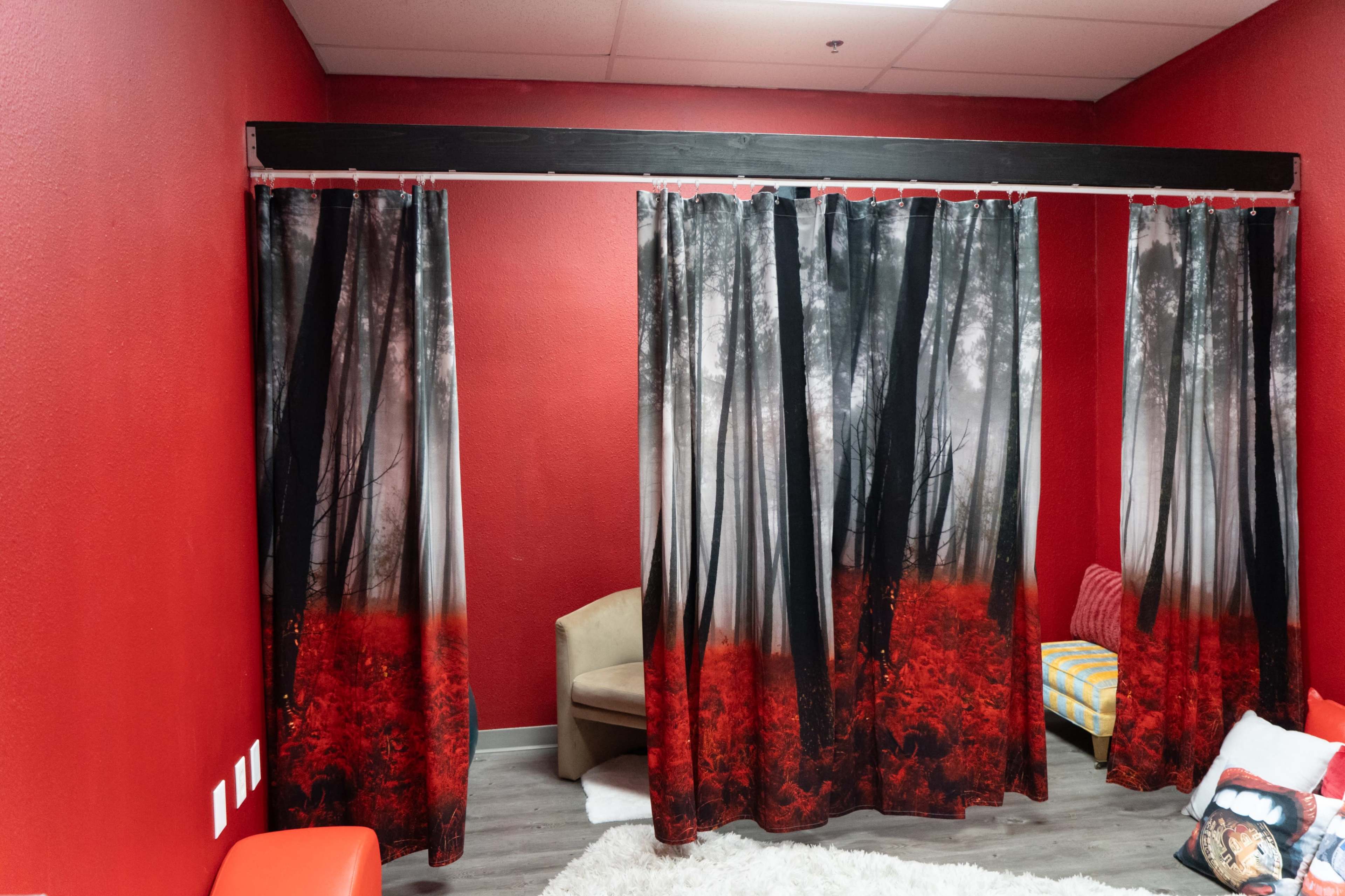 A red-walled room features a decorative curtain with a forest scene, dividing the space into sections.