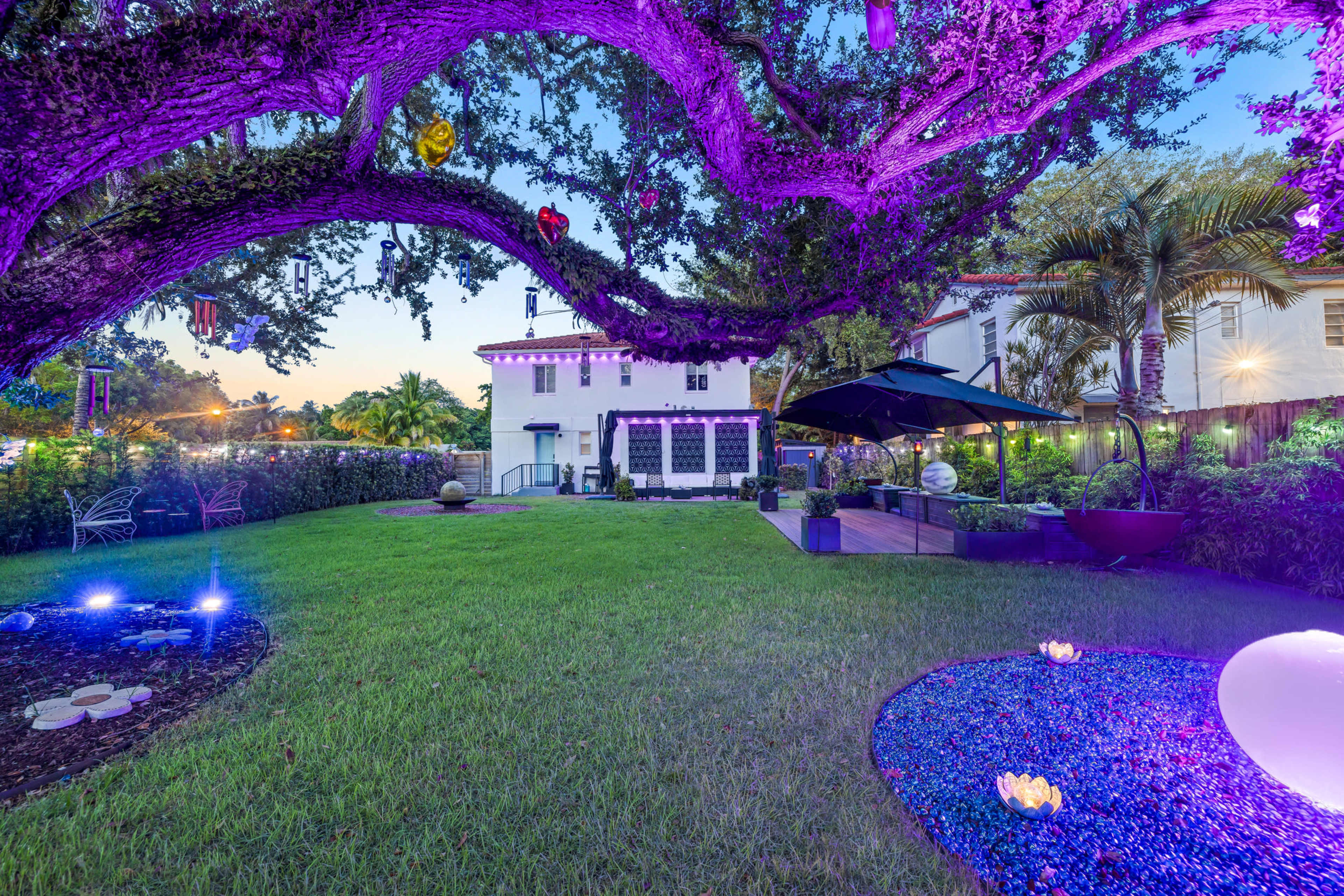 The image shows a landscaped backyard with a large tree, vibrant LED lighting, and a two-story white house in the background.