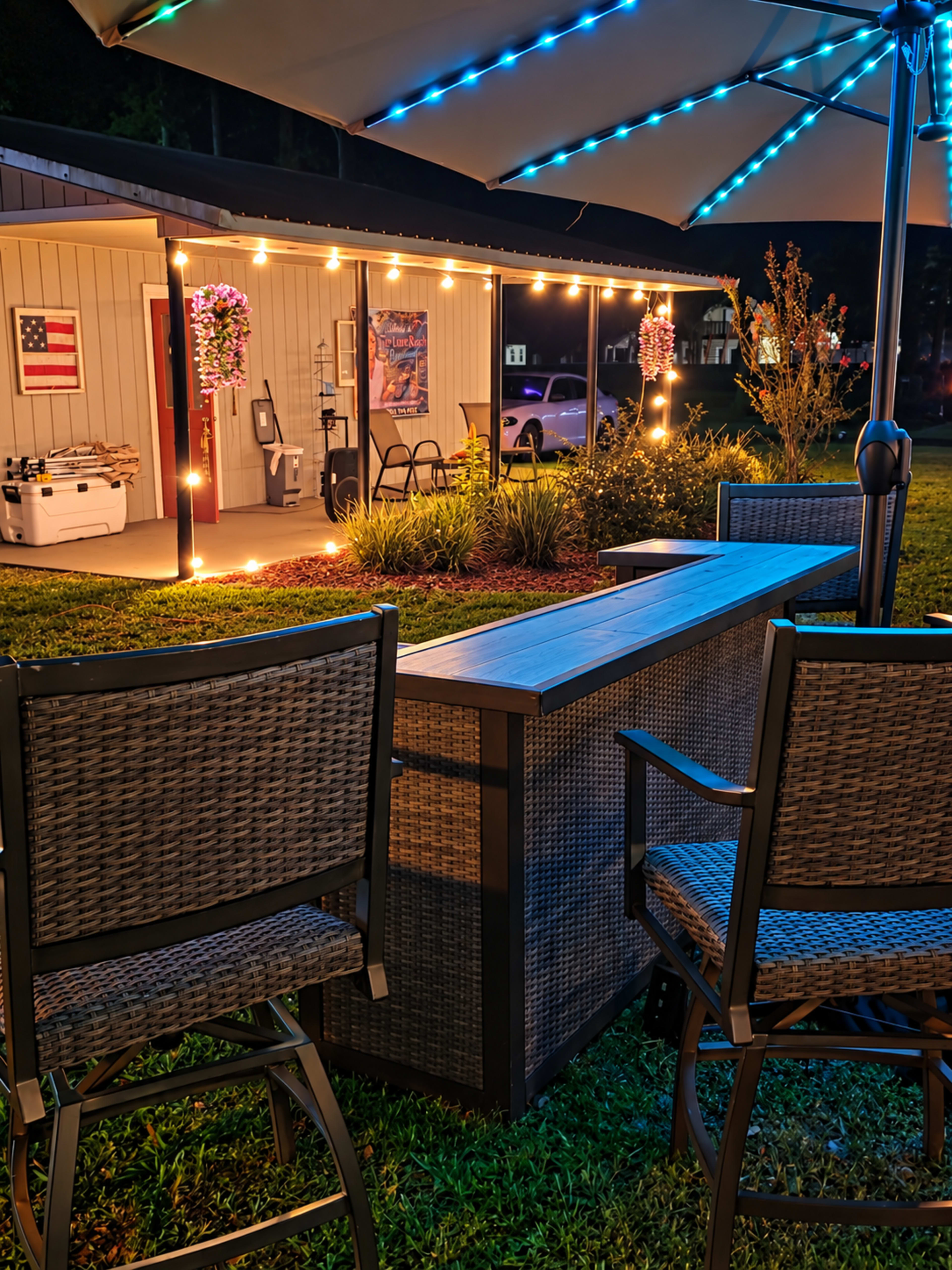 The image shows a dimly lit outdoor seating area with two high chairs in front of a bar-style table, adjacent to a building adorned with an American flag and hanging flower pots.
