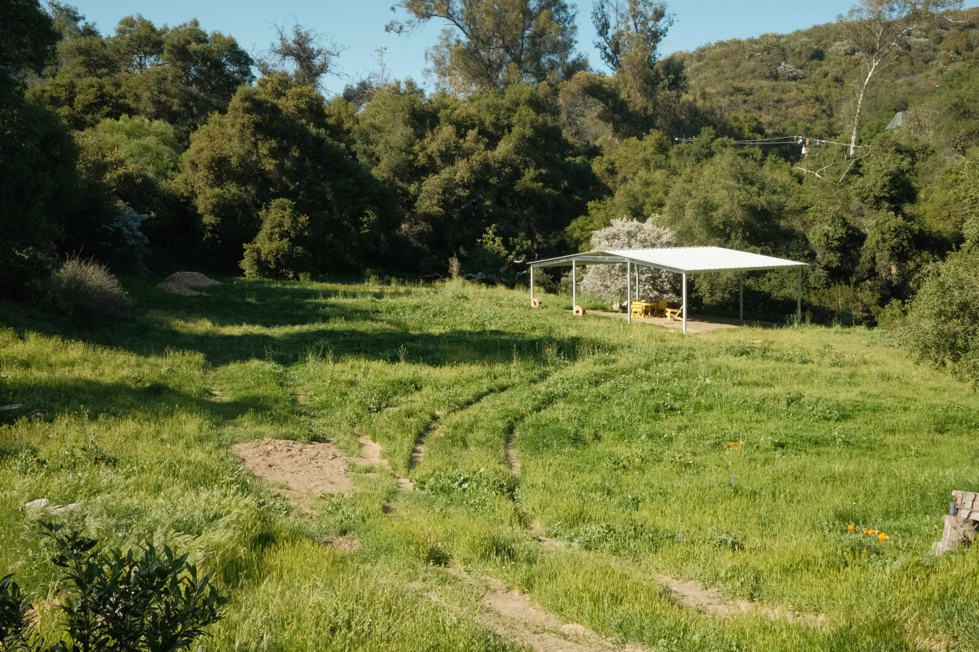 A grassy area features a covered picnic structure surrounded by trees and tire tracks leading into the field.