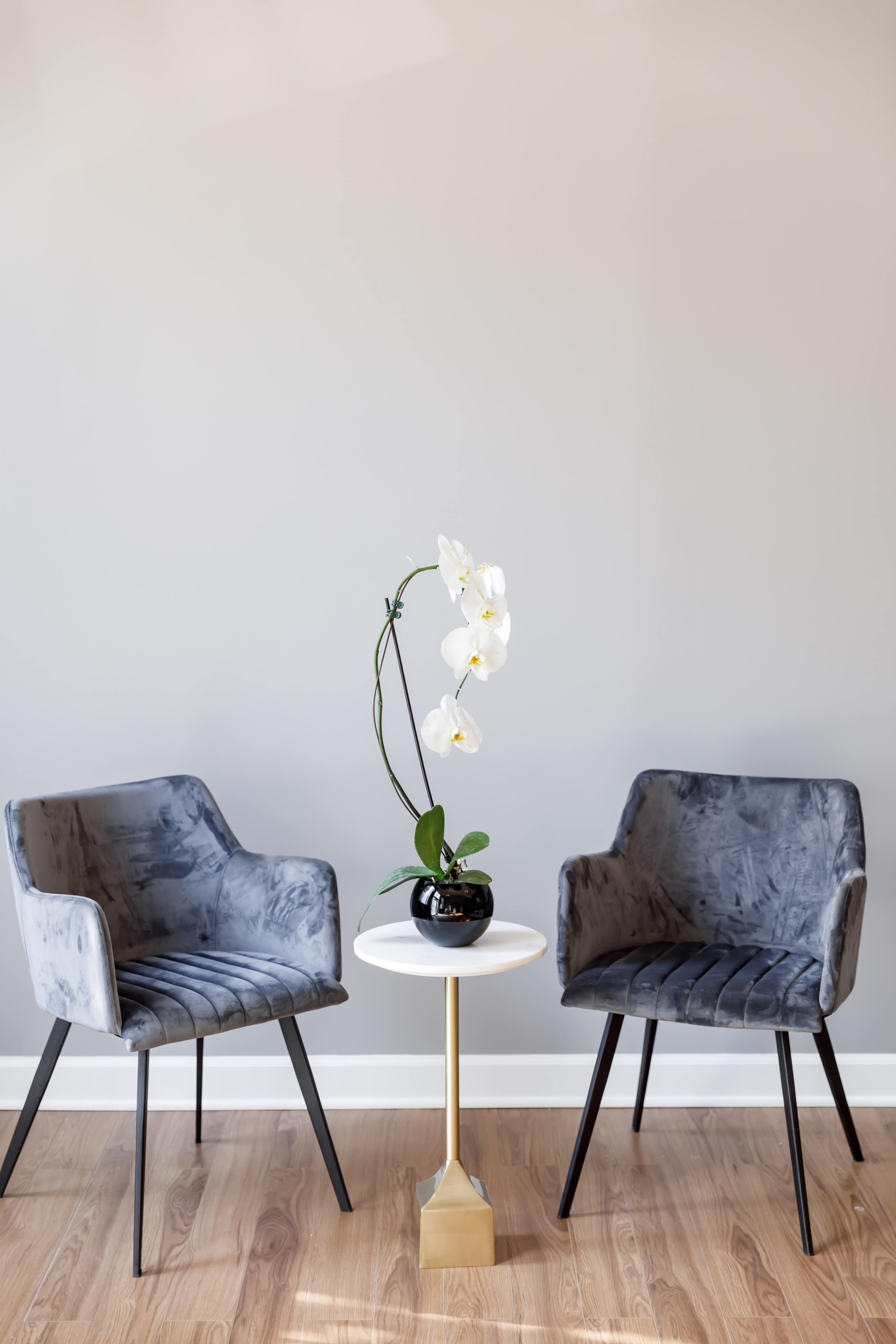 Two gray velvet chairs flank a small round table with a potted white orchid, set against a light gray wall.