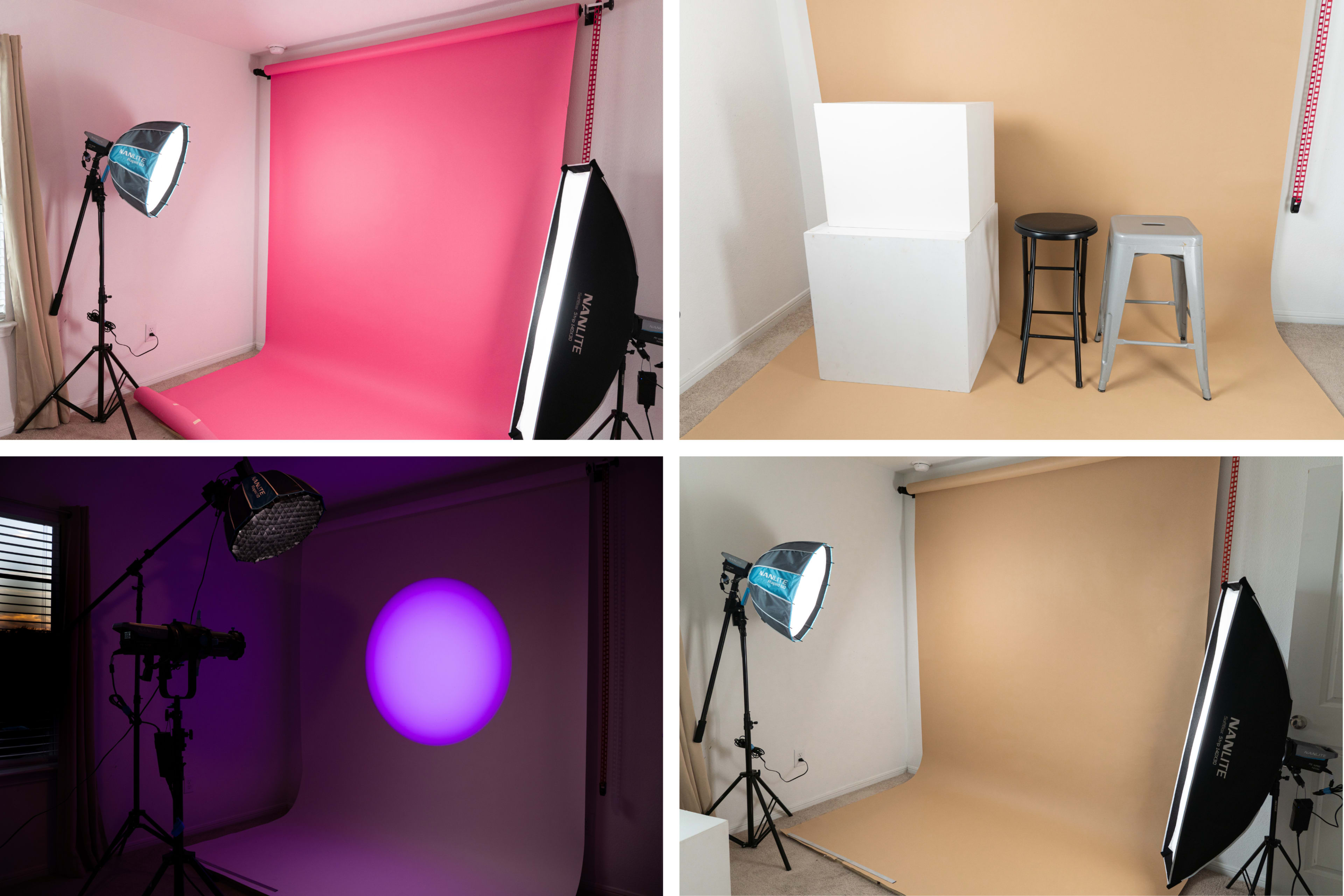 The image showcases four photography studio setups, including various colored backdrops, lighting equipment, and props like stools and cubes.